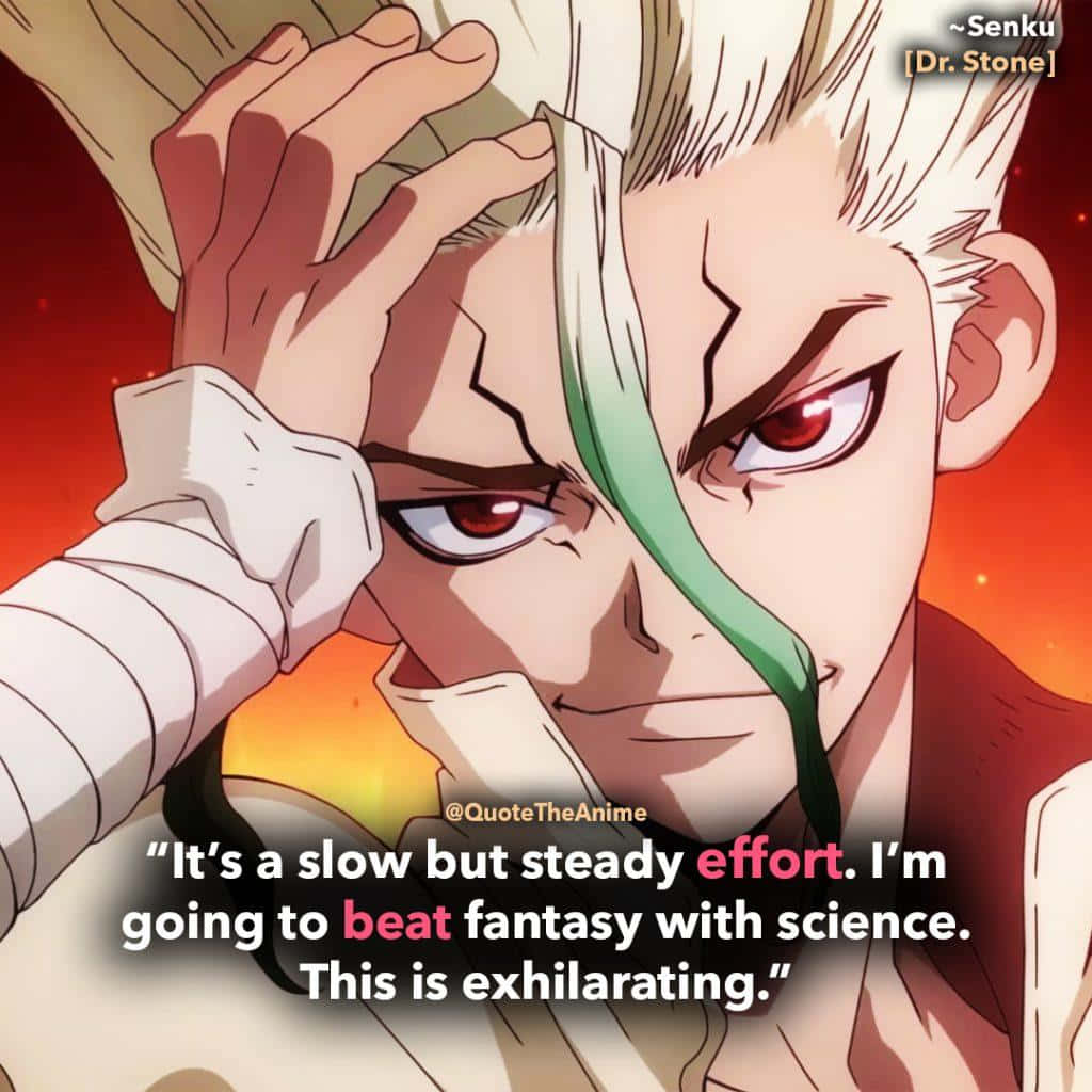 Dr.STONE 新石紀 桌布 壁紙 — 一個白髮紅眼的動漫角色，在熾熱的橙色背景下，堅定地抓著自己的頭。