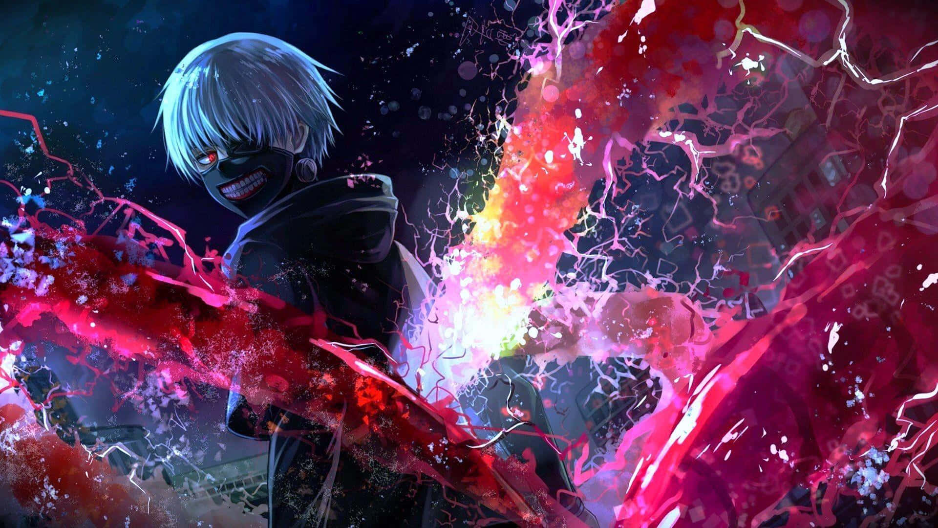 Ken Kaneki 桌布 壁紙 — 一個白髮紅眼的動漫角色在黑暗的宇宙背景下釋放出充滿活力的粉紅色和紅色能量爆炸。