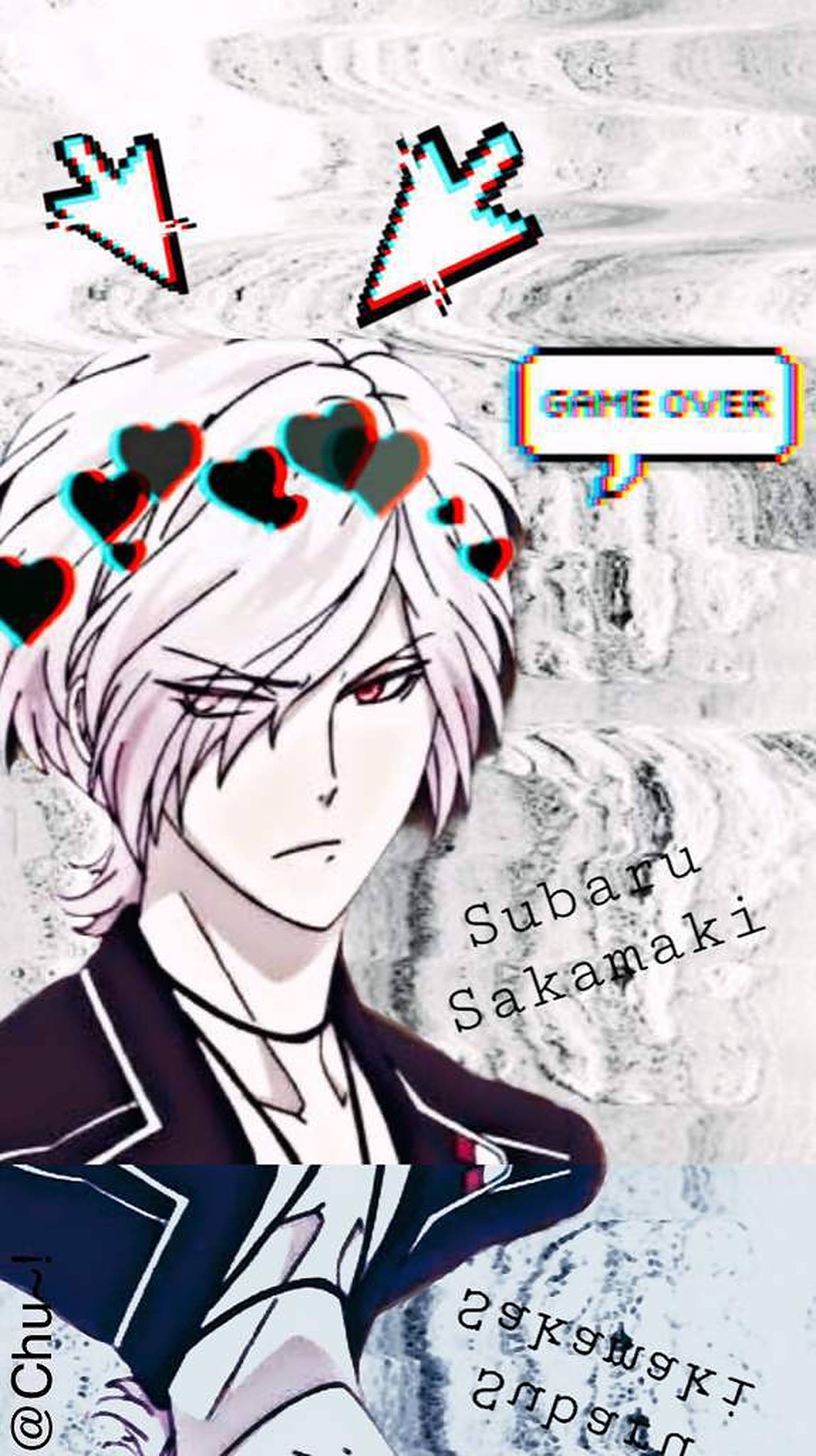Diabolik Lovers 桌布 壁紙 — 一個白髮紅眼的動漫角色悲傷地低頭，心形和「GAME OVER」文字漂浮在他的頭頂。