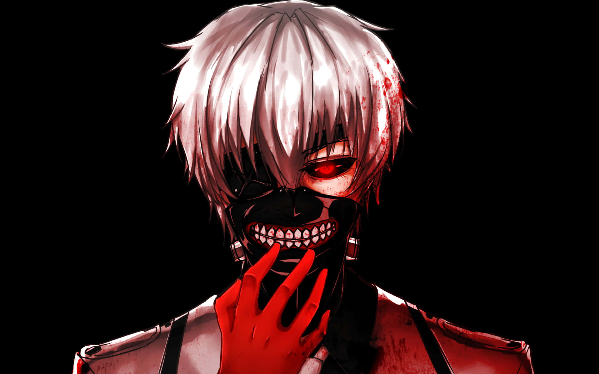 Kaneki's Mask 桌布 壁紙 — 一個白髮紅眼的動漫角色戴著黑色面具，在黑暗背景下用沾滿血的手觸摸臉部。