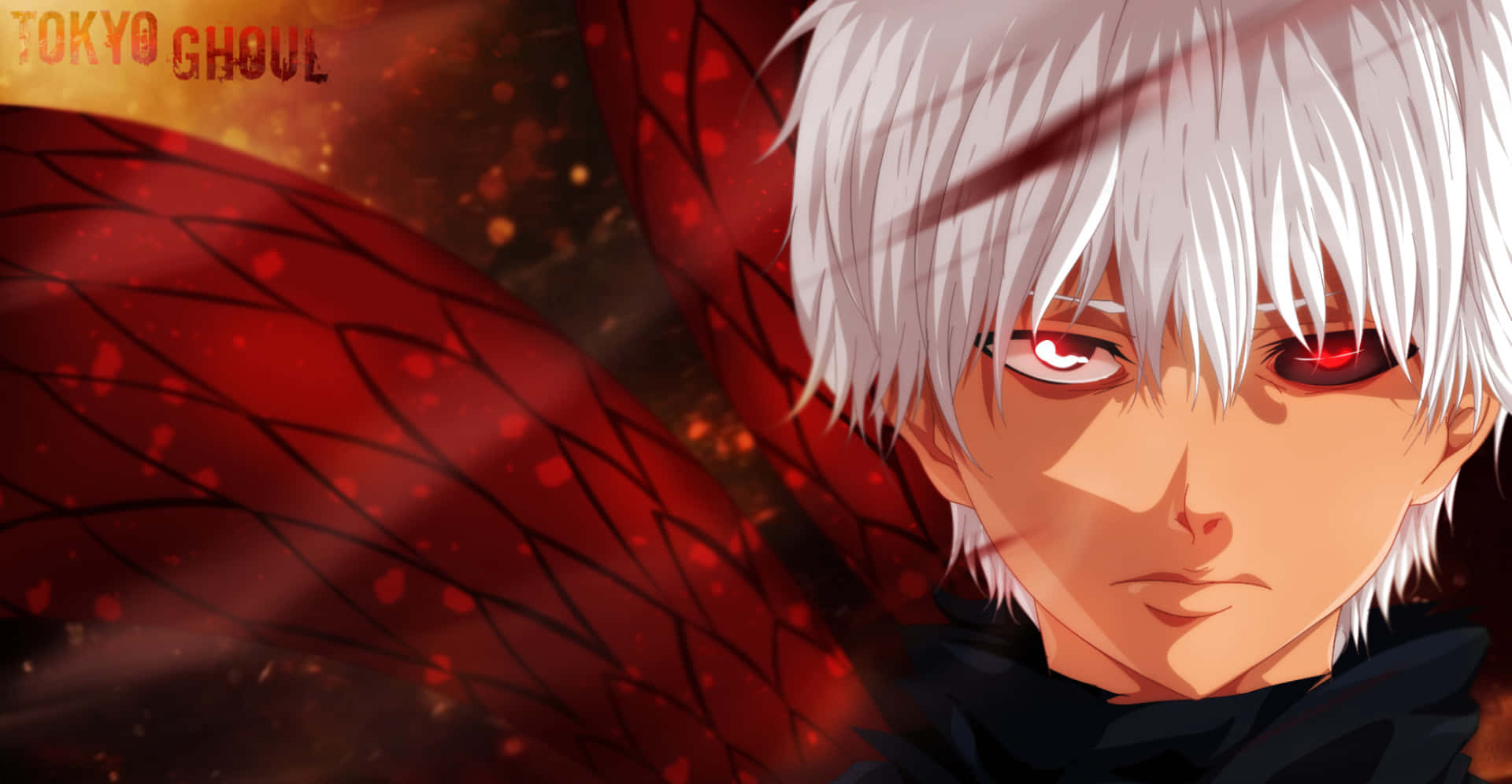 Sui Ishida 桌布 壁紙 — 一個白髮紅眼的動漫角色特寫，在火紅紋理背景前強烈凝視。
