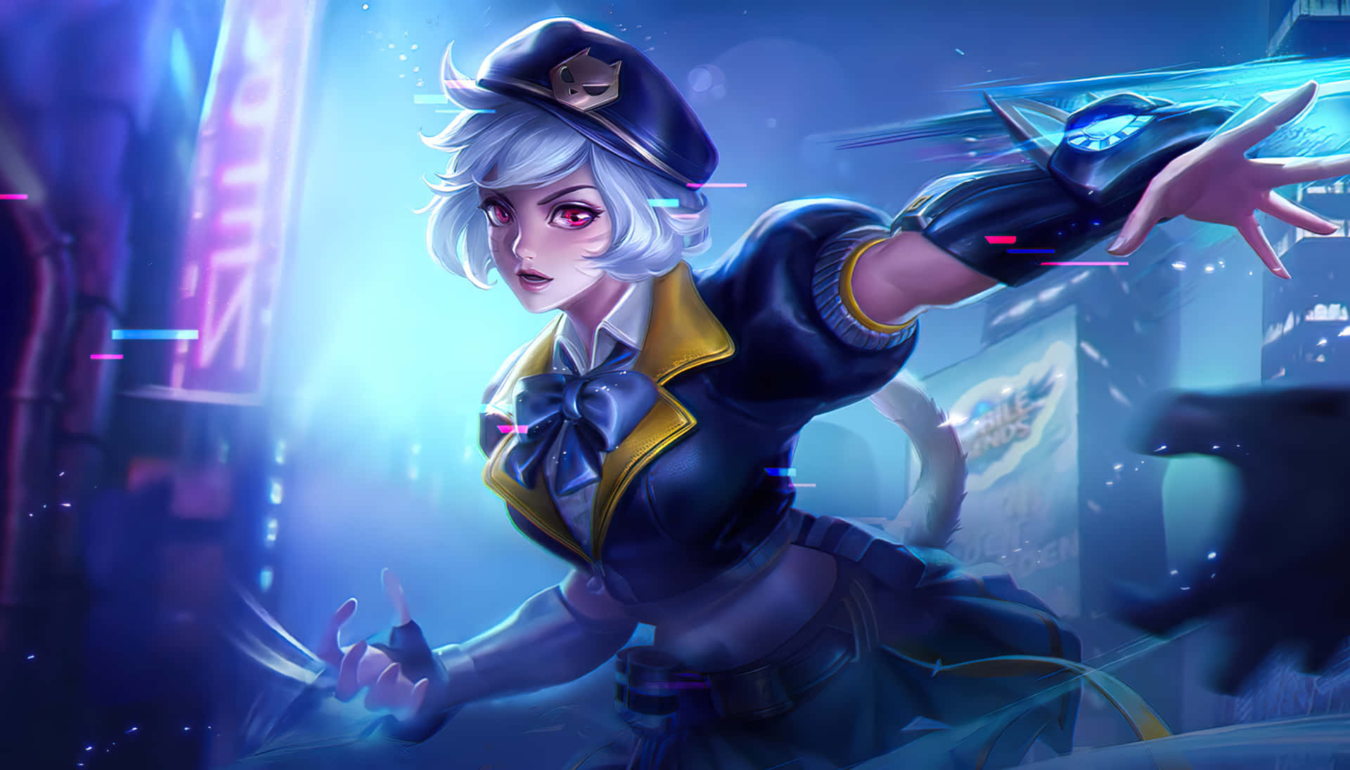 Mobile Legends 動態圖 桌布 壁紙 — 一個白髮紅眼的賽博龐克動漫女孩，身處在霓虹燈閃爍的未來城市景觀中。