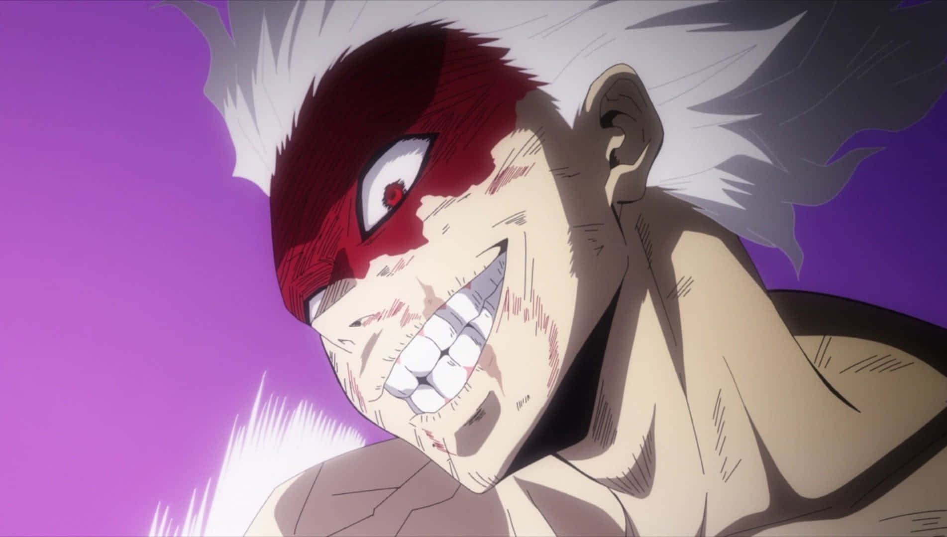 Tomura Shigaraki 桌布 壁紙 — 一個白髮紅眼罩的動漫角色在充滿活力的紫色背景上兇狠地咧嘴笑。