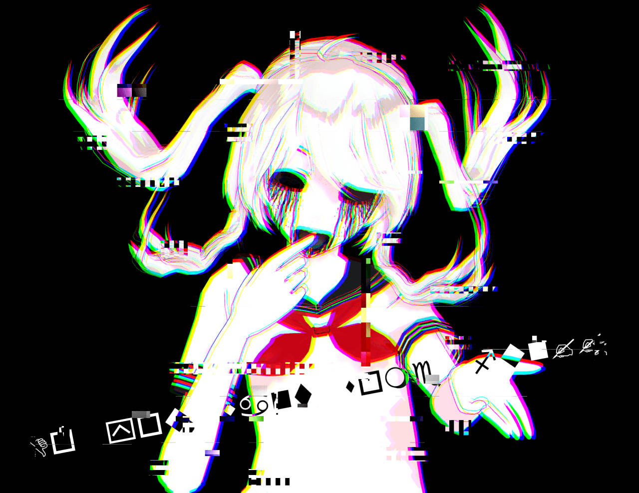 Yandere 桌布 壁紙 — 一個白髮紅蝴蝶結的動漫女孩，在黑色背景上被色差和數位噪點覆蓋的故障藝術。