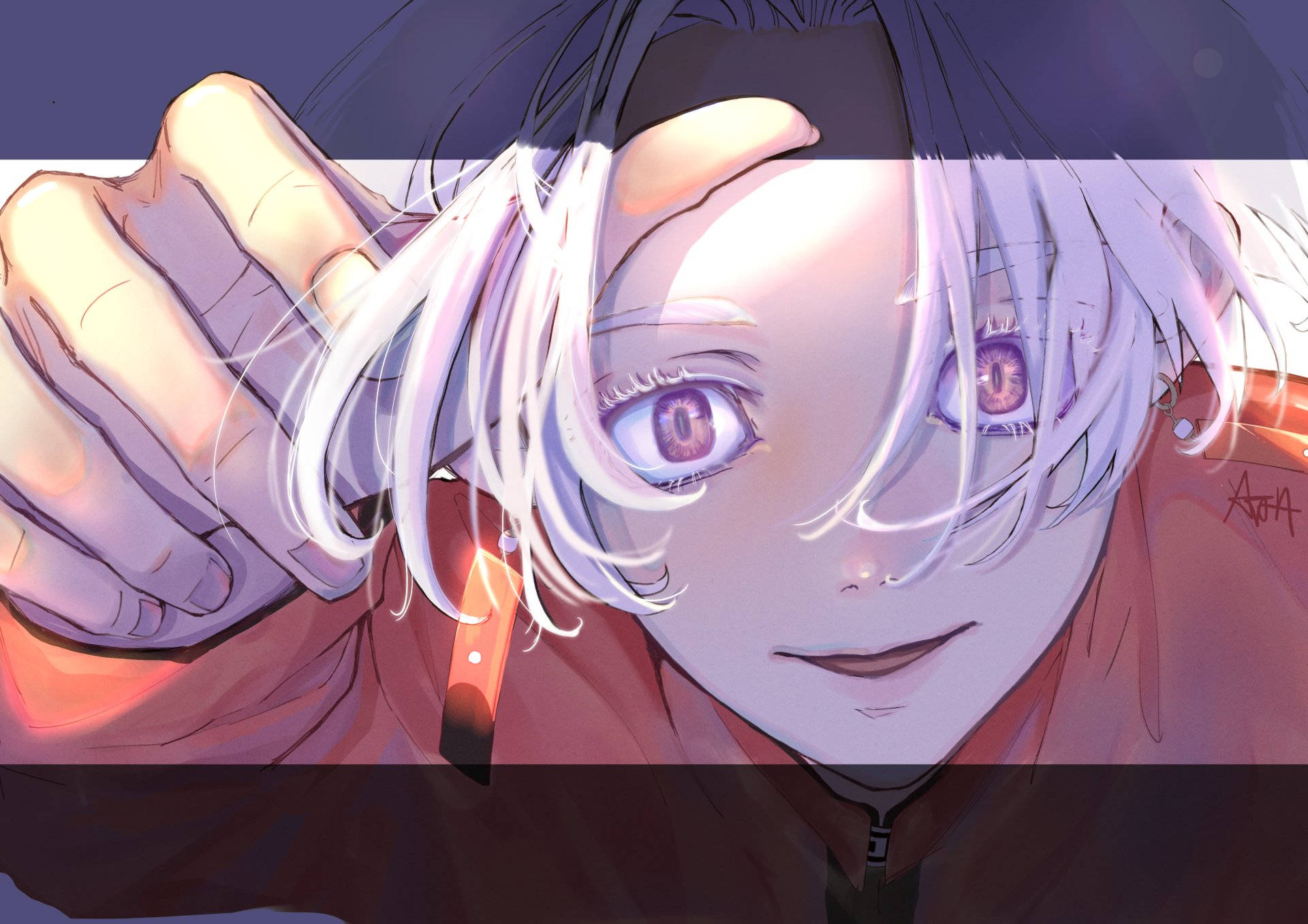 izana kurokawa 桌布 壁紙 — 一個白髮紫眼動漫角色的特寫，在柔和燈光下將刀靠近臉部。