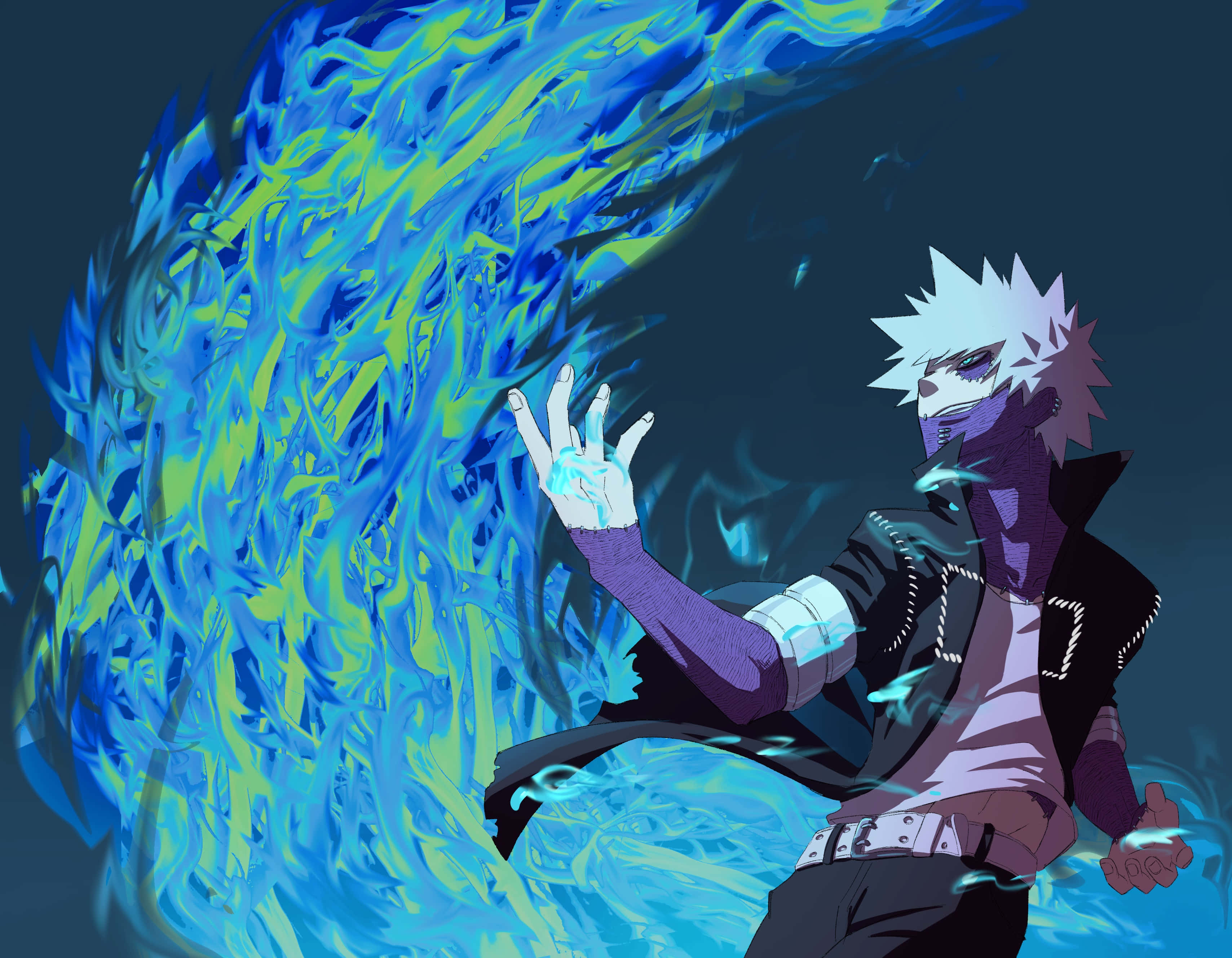 Dabi Boku No Hero 桌布 壁紙 — 一個白髮紫膚的動漫角色，在黑暗背景中從手中釋放出鮮豔的藍色和綠色能量火焰。
