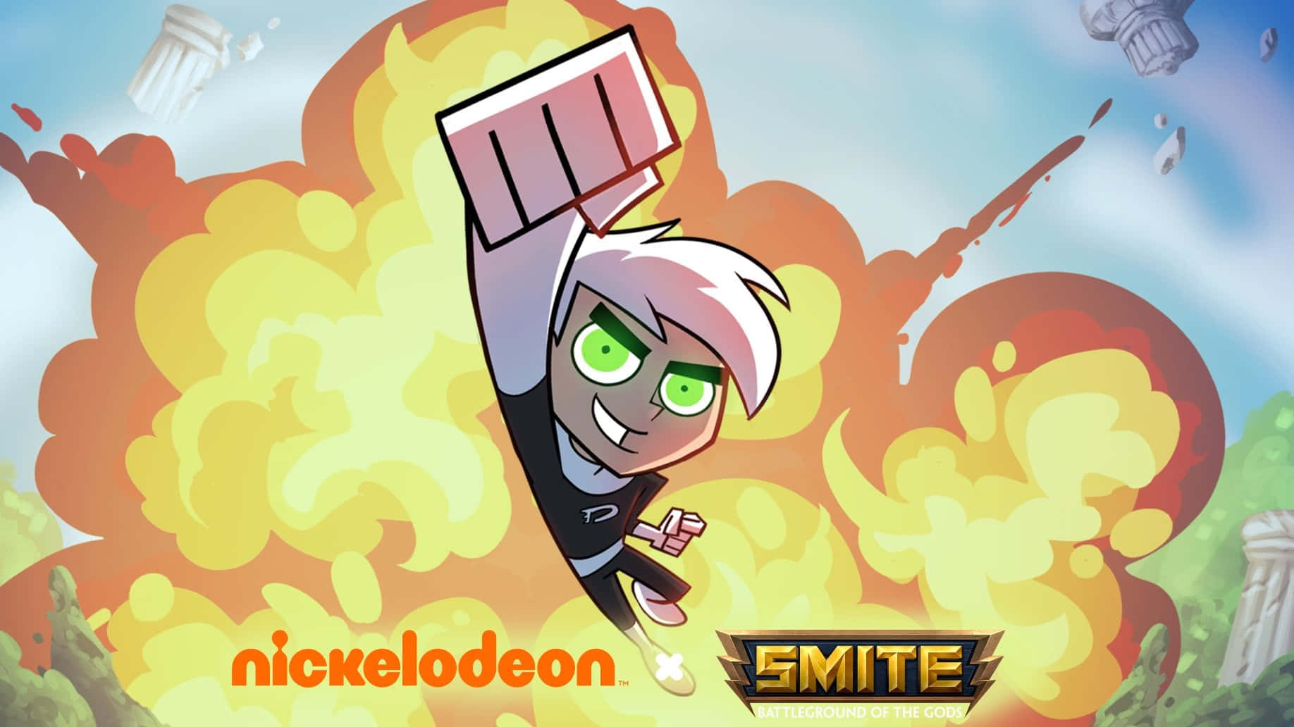 Danny Phantom 桌布 壁紙 — 一個白髮綠眼的卡通角色在漂浮廢墟的天空背景下，擊穿熾熱的爆炸。