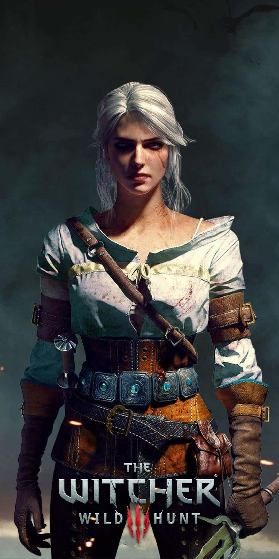 Pixel 3 The Witcher 3 桌布 壁紙 — 一個白髮蒼蒼、身穿破爛盔甲的兇猛獵魔人，站在黑暗煙霧繚繞的背景前，周圍有發光的餘燼。