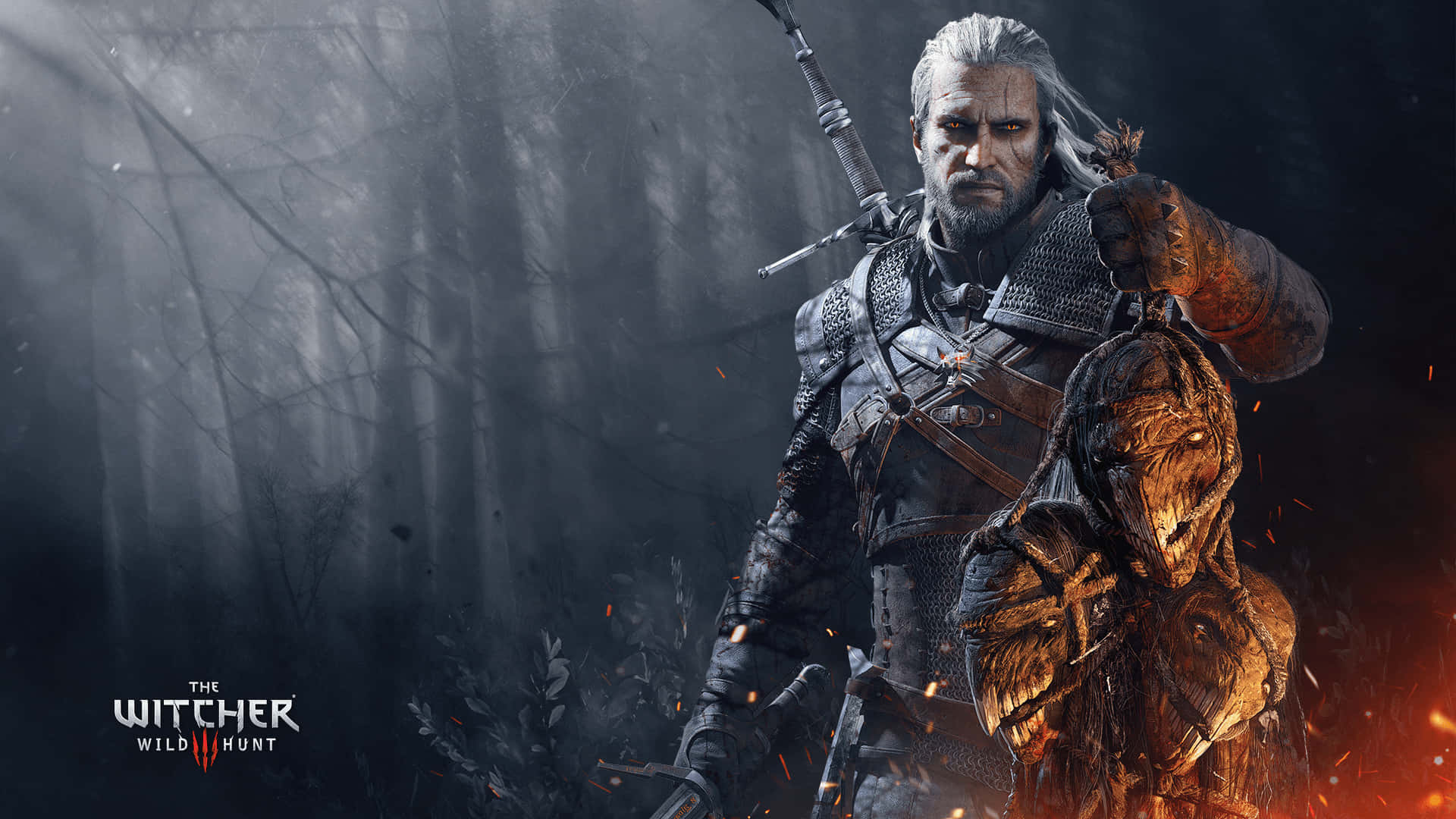 The Witcher 3 Wild Hunt 桌布 壁紙 — 一個白髮蒼蒼、身穿鎧甲的陰沉戰士站在迷霧森林中，抓著一個怪物頭顱的頭髮。