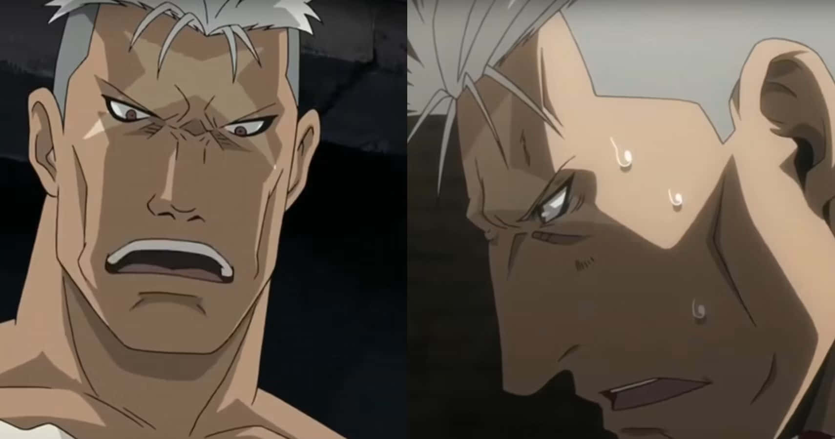 Fullmetal Alchemist Scar 桌布 壁紙 — 一個白髮蒼蒼的男人在分屏動畫肖像中表現出強烈的憤怒和悲傷的眼淚。