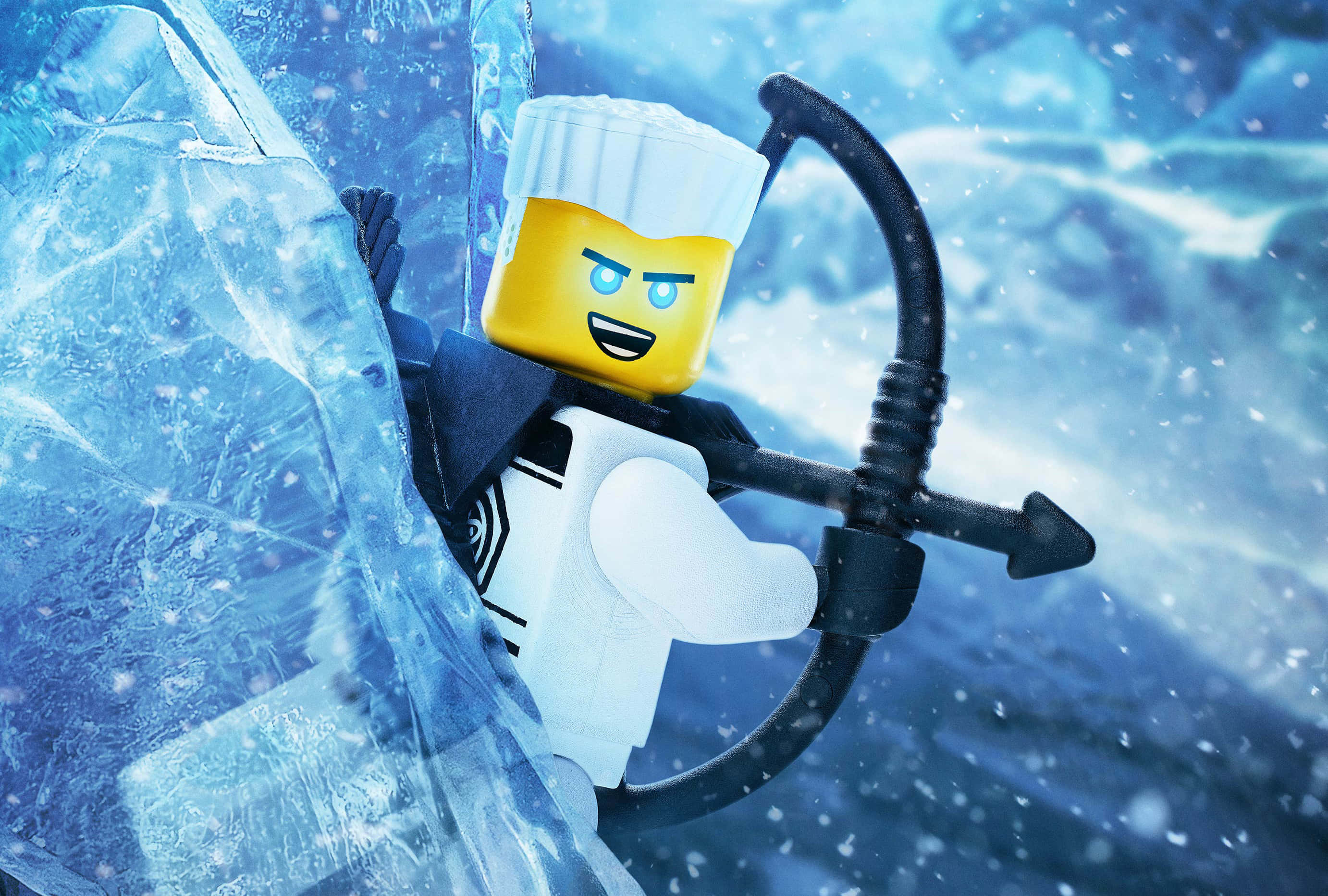 Animated 桌布 壁紙 — 一個白髮藍眼的LEGO迷你人偶從裂開的冰中出現，手持黑色弓箭。