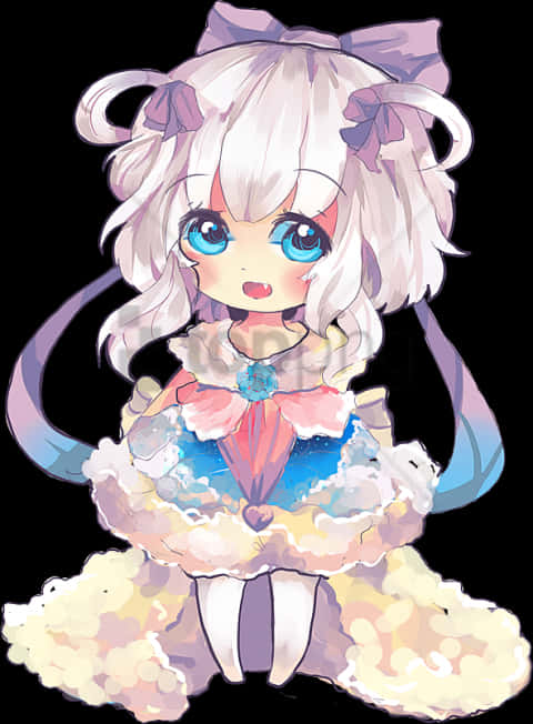 Anime Chibi 桌布 壁紙 — 一個白髮藍眼的Q版動漫女孩，穿著蓬鬆的粉彩連衣裙，背景為黑色。