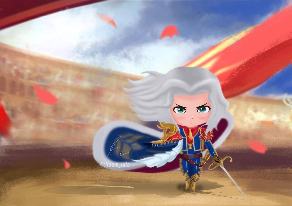 Chibi 桌布 壁紙 — 一個白髮藍眼的Q版騎士站在沙地競技場上，在紅色旗幟下持劍。