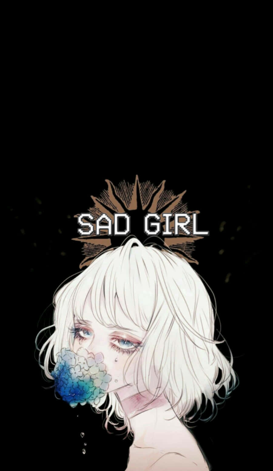 Sad Aesthetic Anime 桌布 壁紙 — 一個白髮藍眼的憂鬱動漫女孩，在黑色背景上手持藍色花朵，並帶有「SAD GIRL」文字。