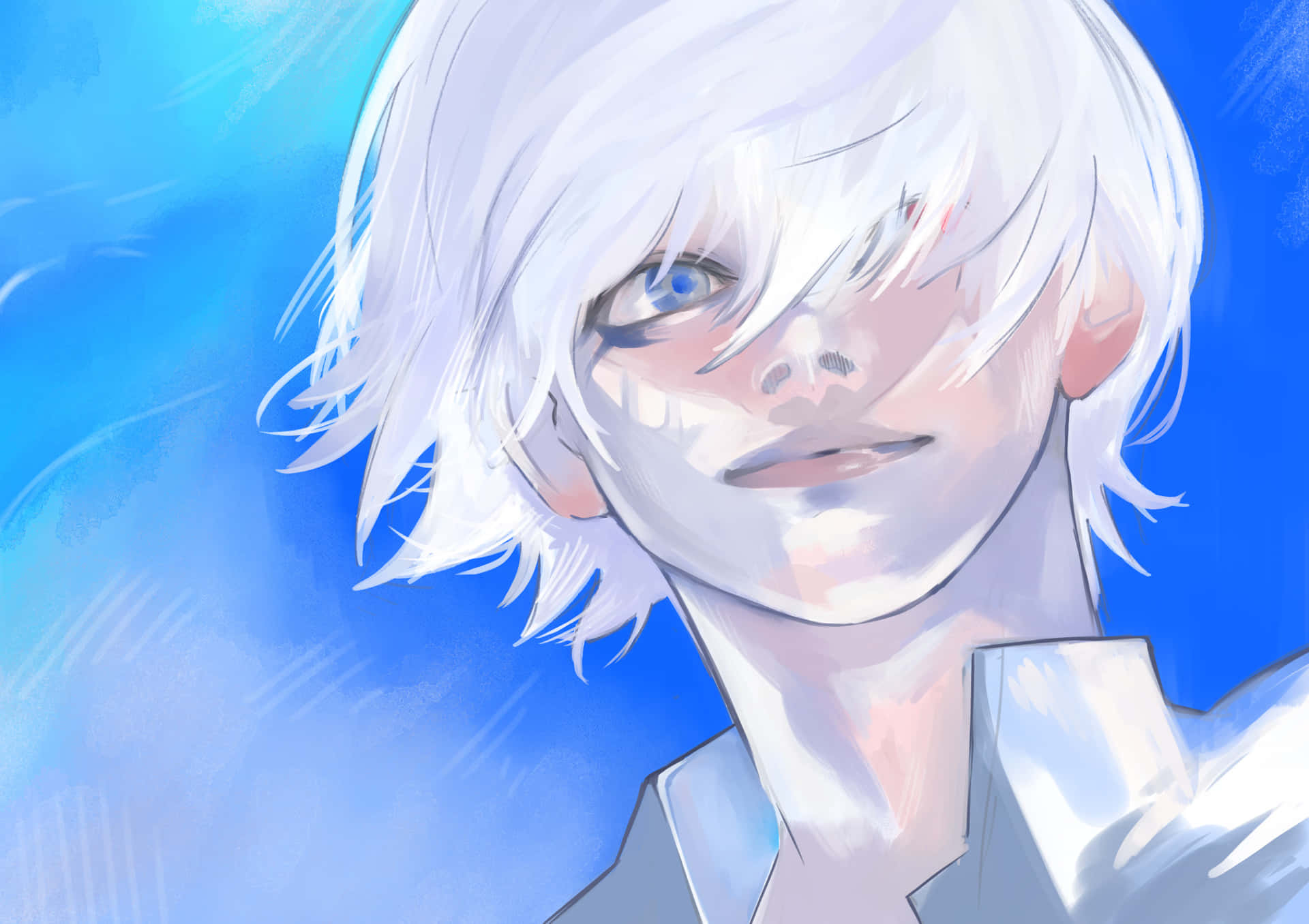 Sui Ishida 桌布 壁紙 — 一個白髮藍眼角色的特寫動畫肖像，背景是充滿活力的藍色。