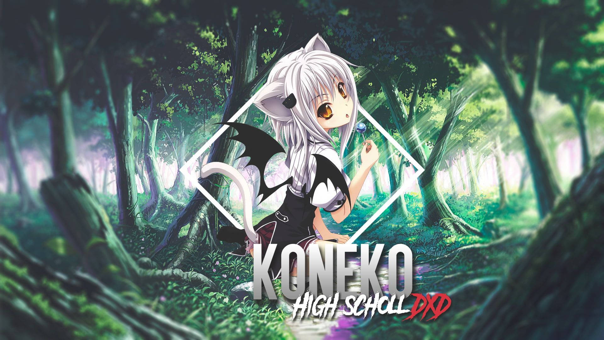 Dxd 桌布 壁紙 — 一個白髮蝙蝠翼的Q版動漫女孩坐在茂密的綠色森林中，手持發光球體。