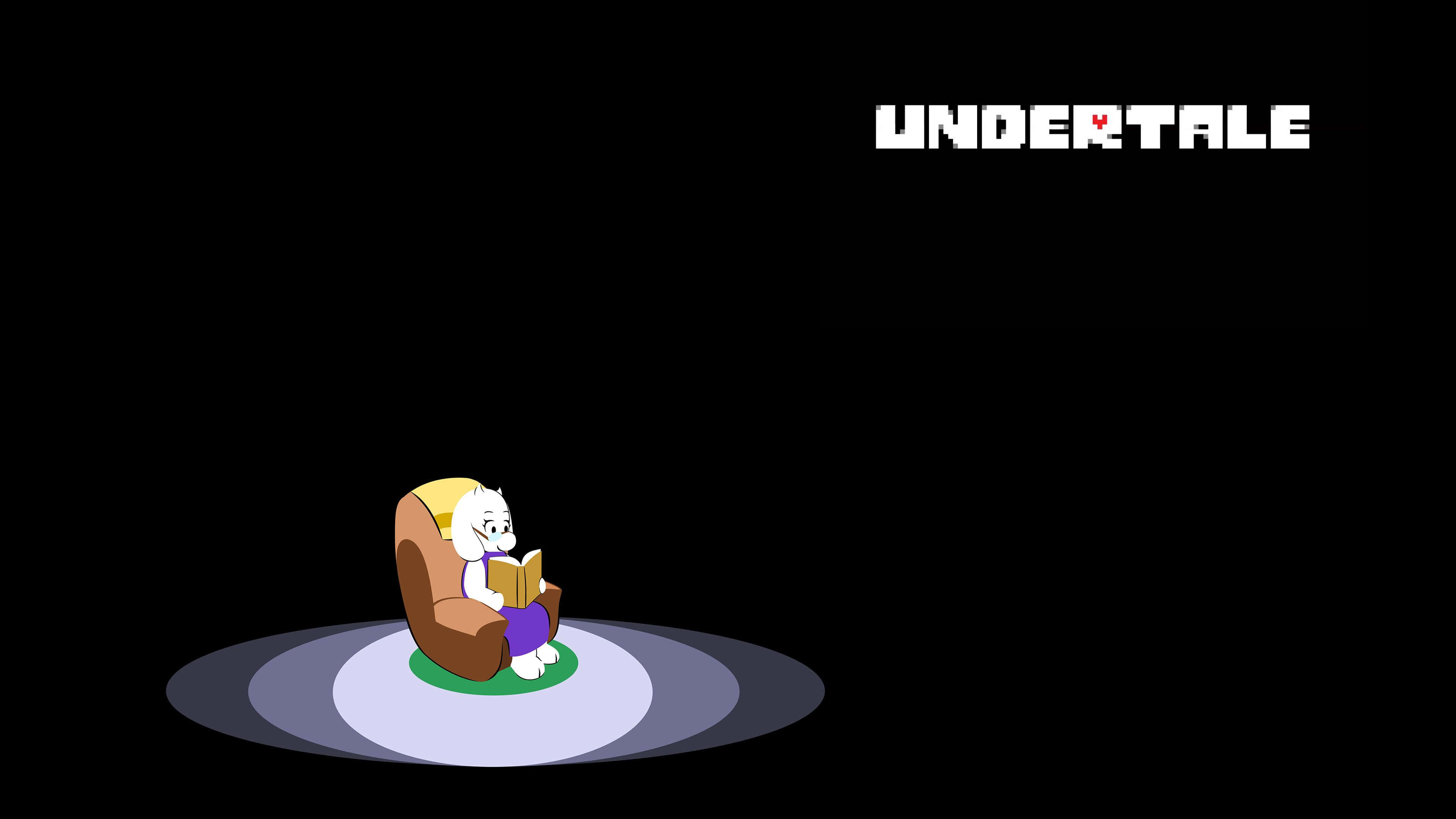 Undertale Desktop 桌布 壁紙 — 一個白髮角色坐在棕色扶手椅上，在聚光燈下閱讀一本書，背景為黑色，帶有'UNDERTALE'文字。