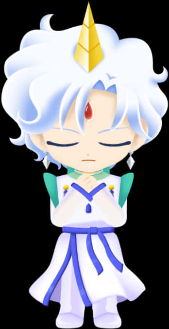 美少女戰士 桌布 壁紙 — 一個白髮金角的chibi動漫角色在黑色背景前合十祈禱。