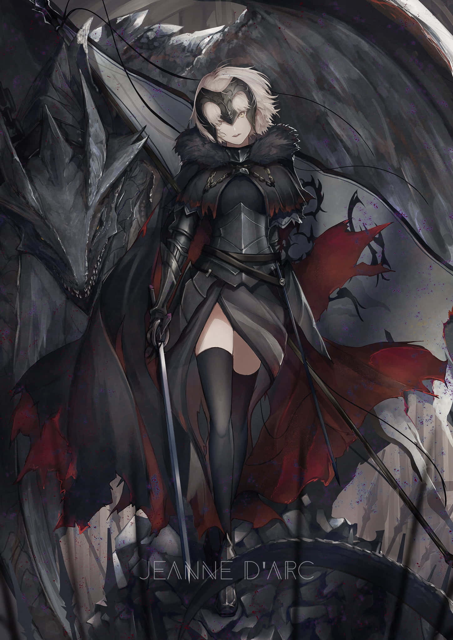 Fate/Grand Order 桌布 壁紙 — 一個白髮黑翼的黑暗奇幻動漫女孩，手持劍，紅色斗篷在暴風雨般的灰色背景中飄揚。