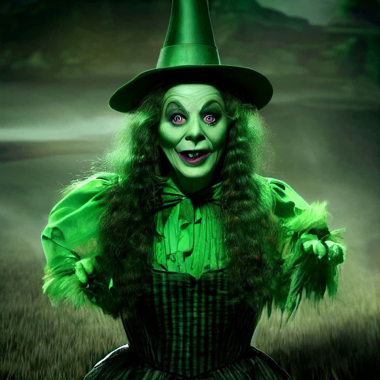 Green Witch 桌布 壁紙 — 一個皮膚呈綠色、戴著高尖帽、頭髮蓬亂的可怕女巫，站在迷霧籠罩的田野中，在詭異的綠光下閃爍。