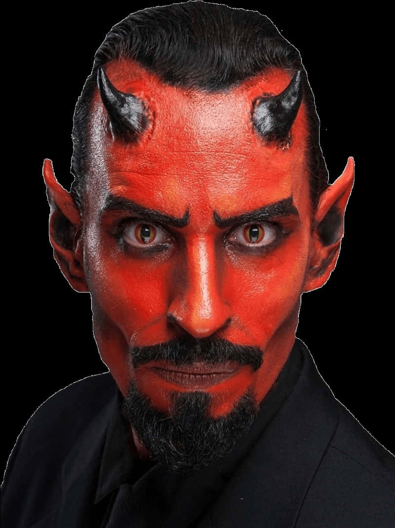 Devil Horn 桌布 壁紙 — 一個皮膚塗成紅色、有黑色角和尖耳朵的男人，在黑色背景下強烈地凝視著。