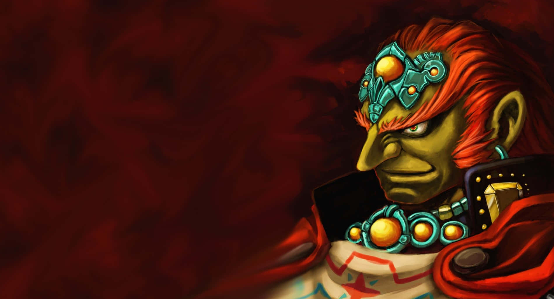 Ganondorf 桌布 壁紙 — 一個皮膚綠色、紅髮、身穿華麗青綠色盔甲的兇猛奇幻戰士，站在旋轉的深紅色背景前。