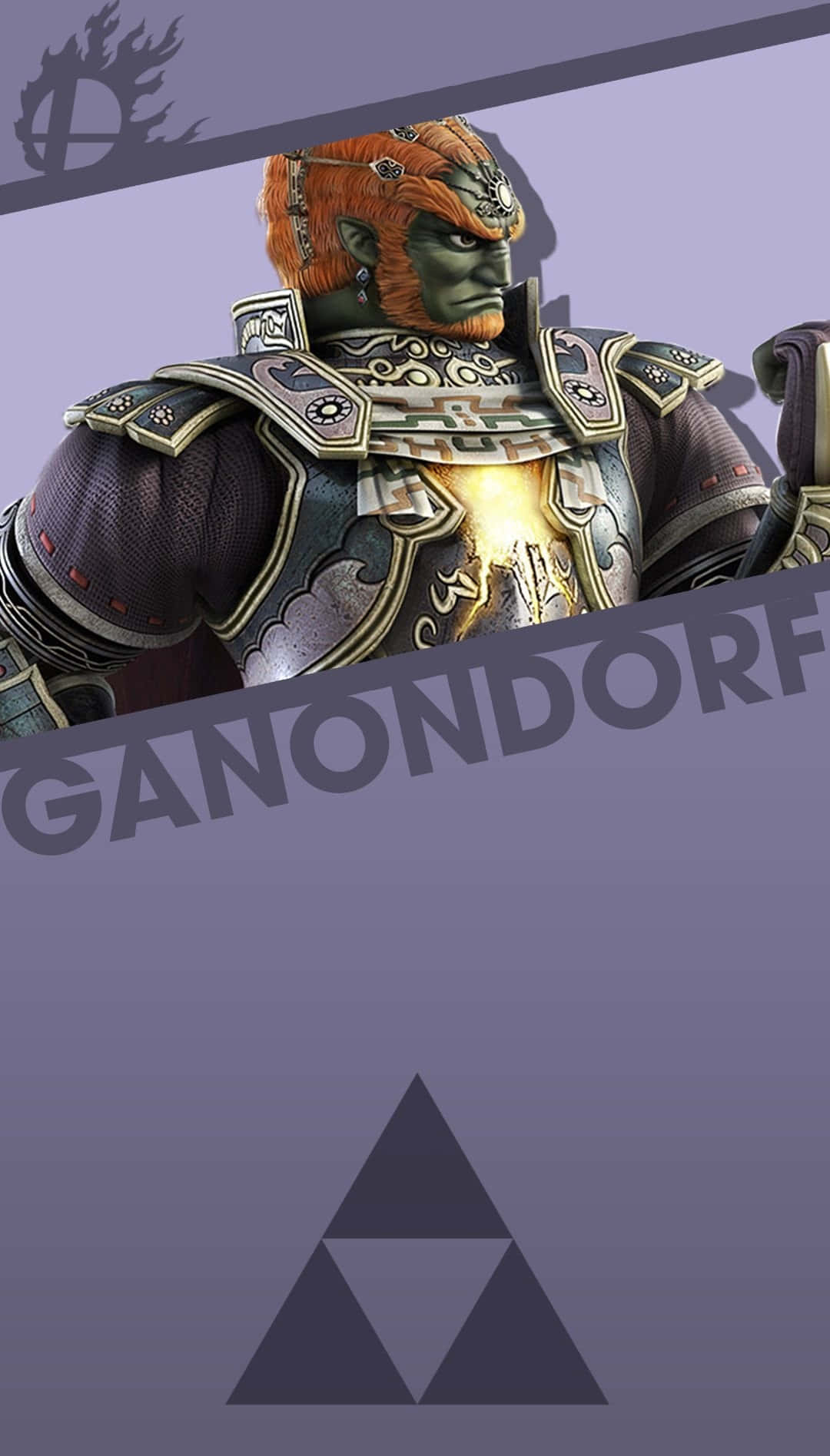 Ganondorf 桌布 壁紙 — 一個皮膚綠色、身穿華麗暗色金邊鎧甲的威脅性加儂多夫，站在帶有他的名字和三角力量符號的紫色漸變背景前。
