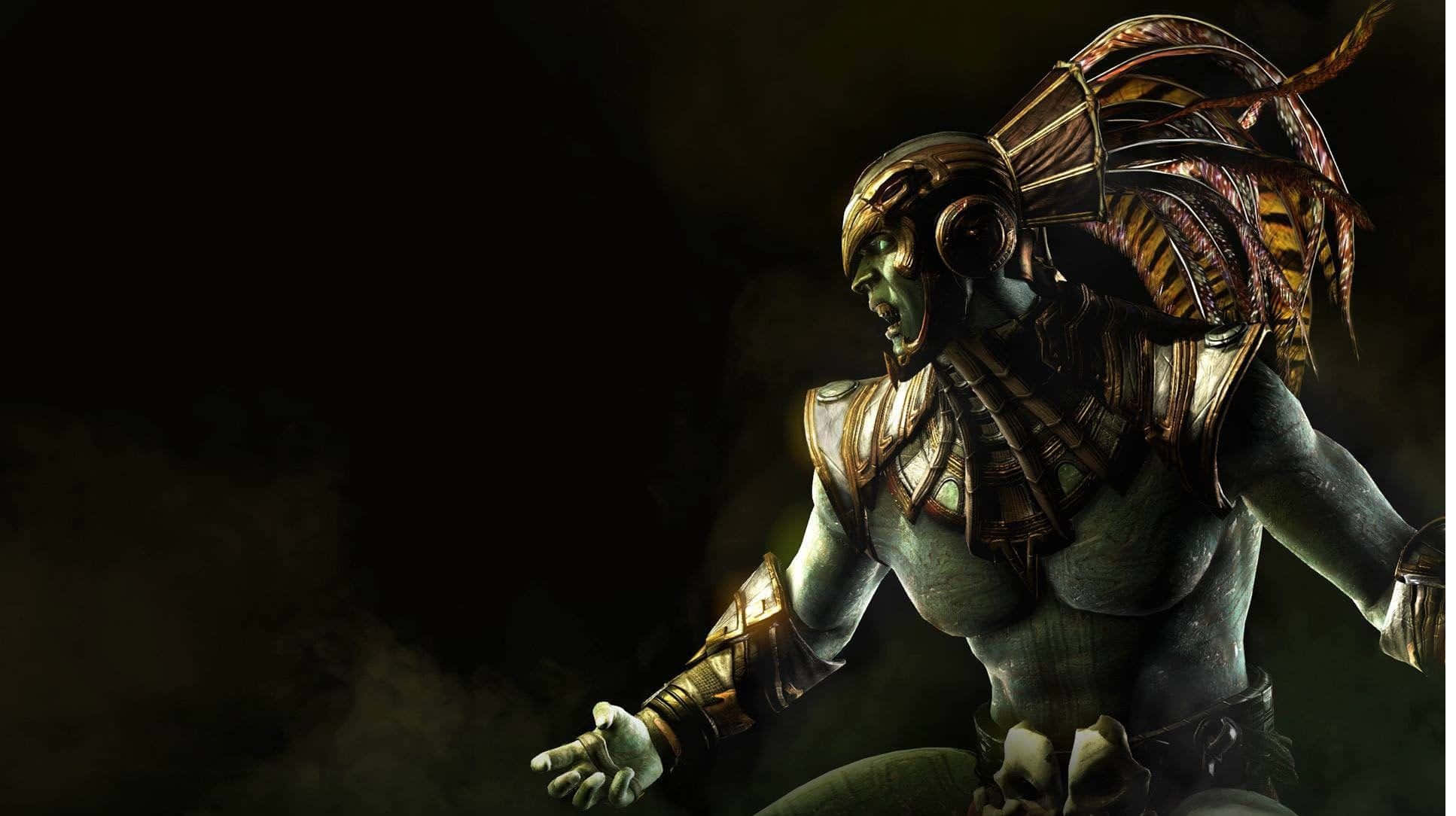 Mortal Kombat X 桌布 壁紙 — 一個皮膚綠色、身穿華麗金色盔甲和羽毛頭飾的威脅性戰士，在陰暗的黑暗中站著，眼睛發光。