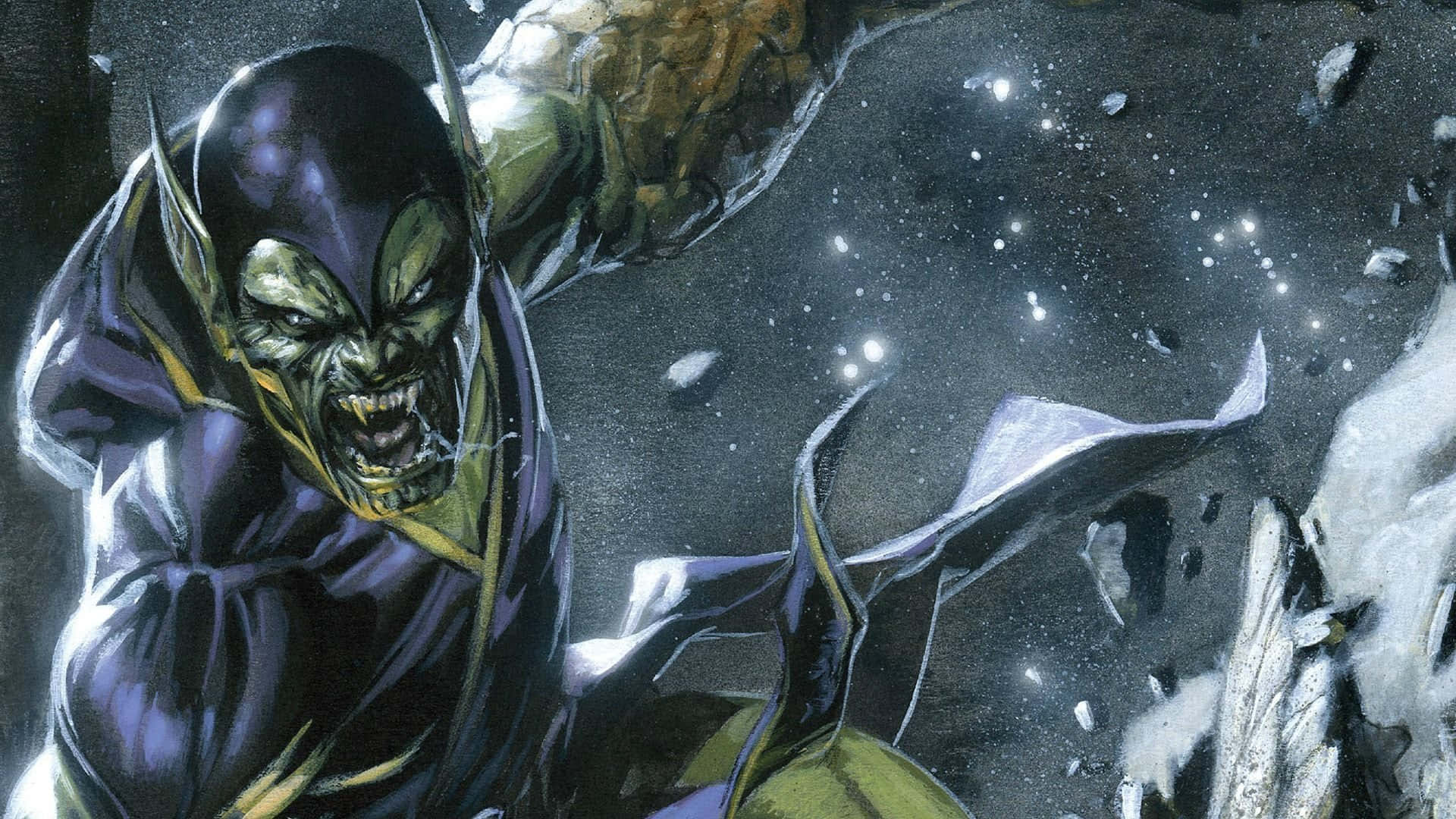 Skrulls 桌布 壁紙 — 一個皮膚綠色、長有尖角、披著紫色斗篷的威脅性超級英雄在破碎的宇宙景觀中咆哮。