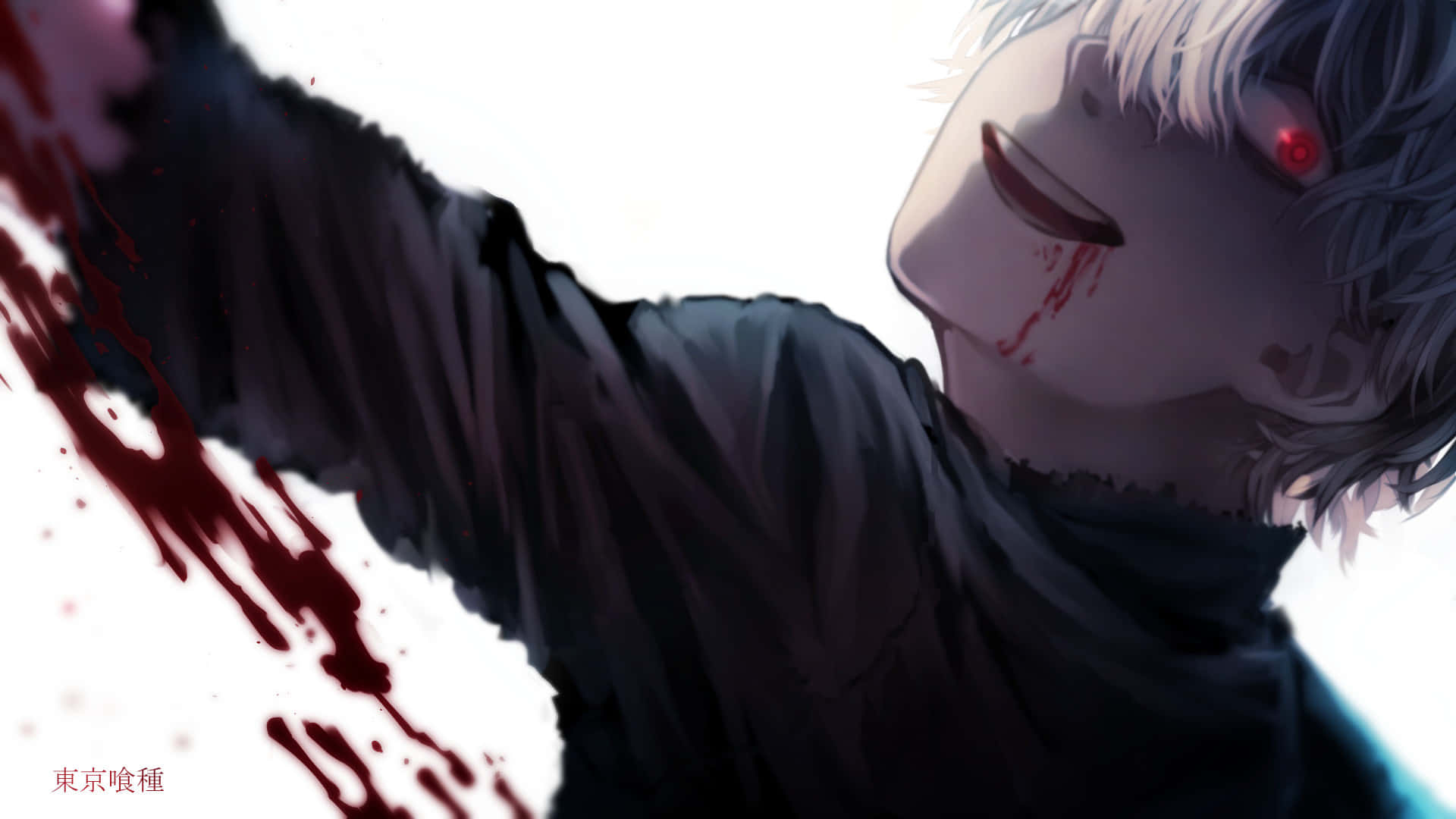Horror Anime Boy 桌布 壁紙 — 一個皮膚蒼白、紅眼睛的動漫角色在純白背景上露出冷笑，血跡四濺。