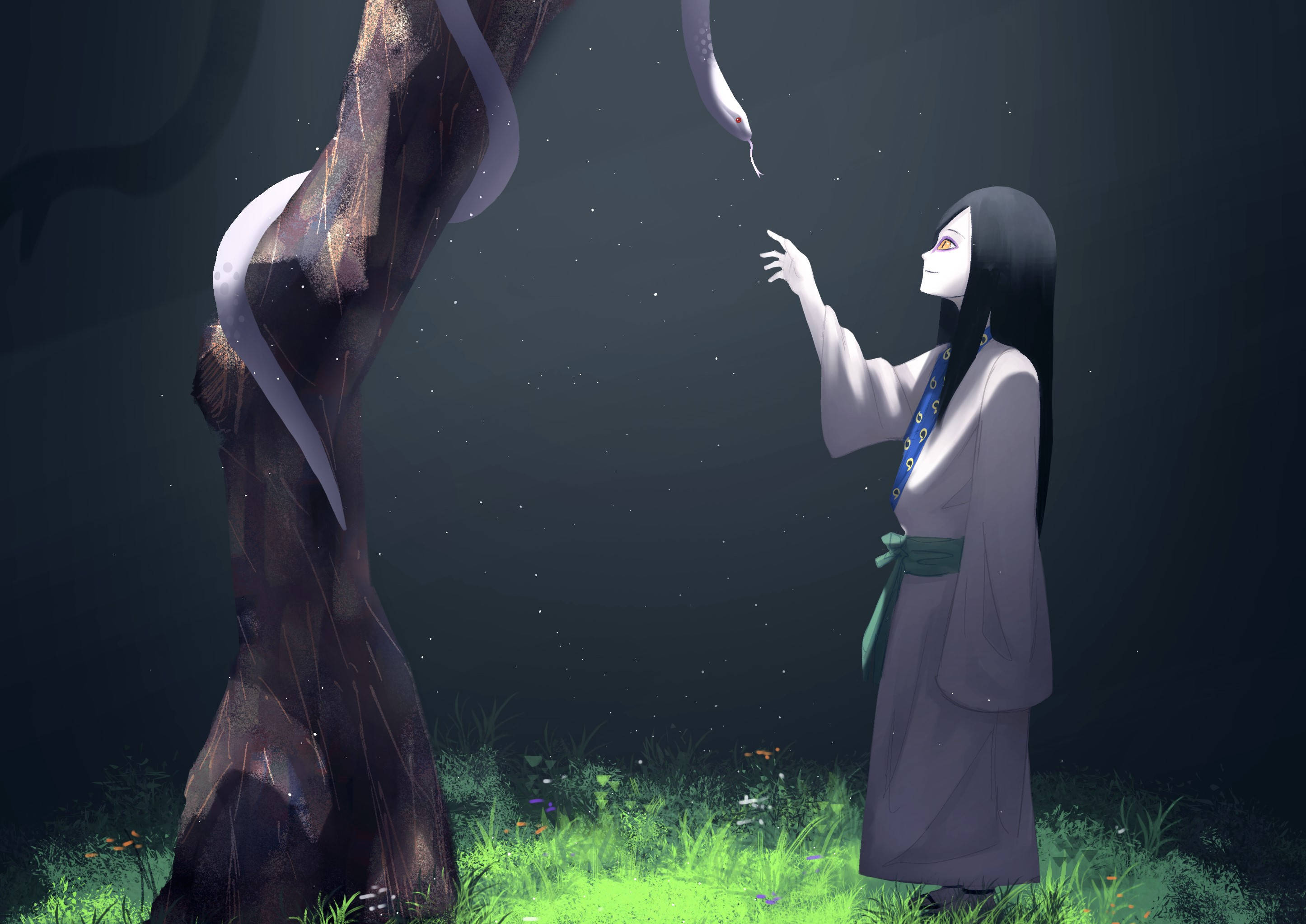 Orochimaru 桌布 壁紙 — 一個皮膚蒼白的動漫女孩穿著灰色長袍，在星空下輕輕伸手觸碰纏繞在黑暗樹幹上的發光白蛇。
