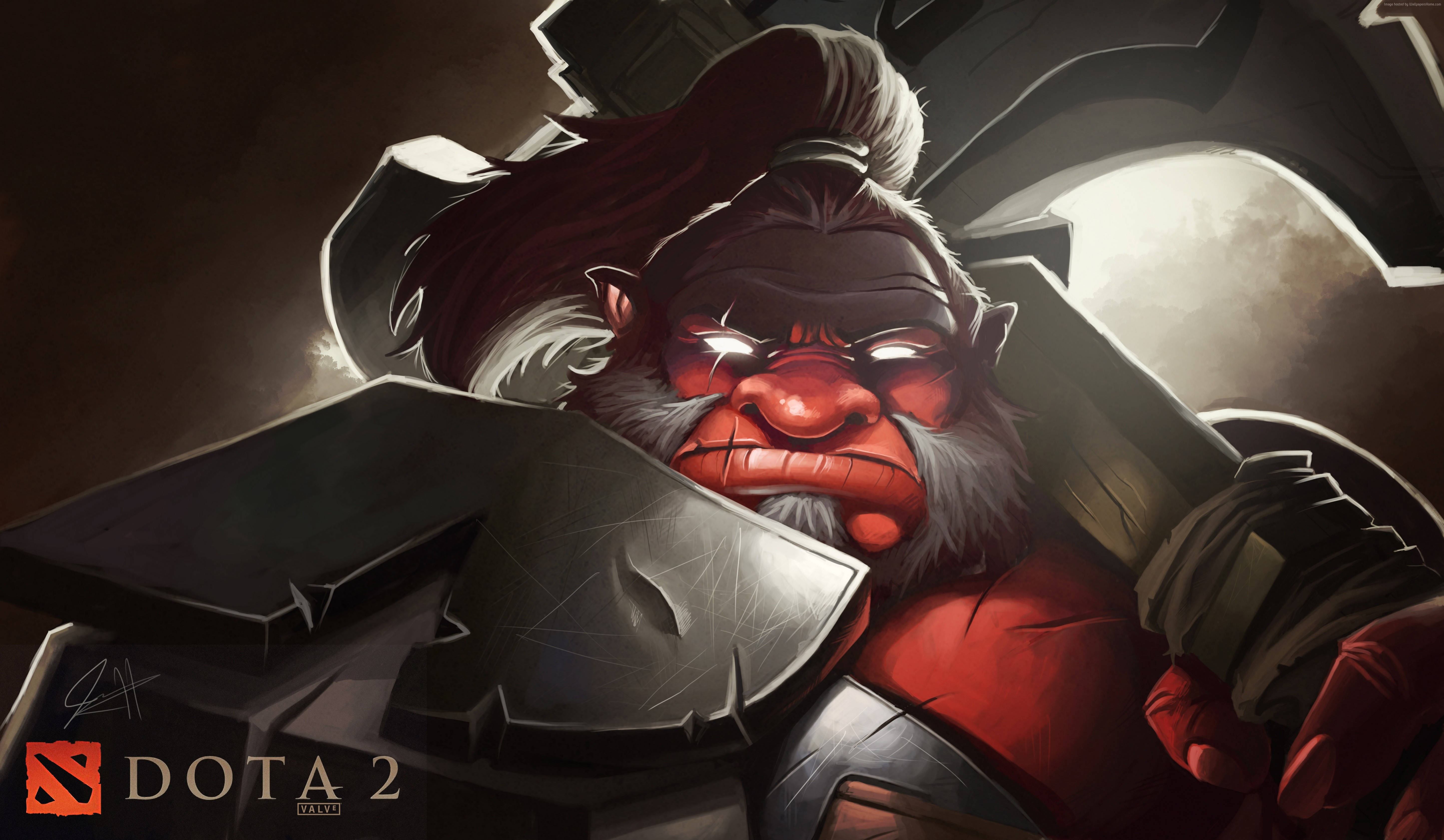 Dota 2 4K 桌布 壁紙 — 一個皮膚赤紅、眼神兇猛的獸人戰士，在戲劇性的特寫中緊握著一把巨大的斧頭。