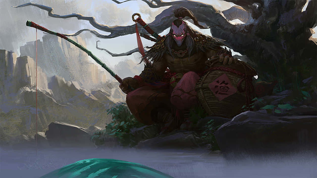 Dota 2 Juggernaut 桌布 壁紙 — 一個皮膚通紅、眼睛發光、帶有威脅性的戰士坐在霧氣瀰漫的河邊，在扭曲的樹下拿著一根杖和一個籃子。