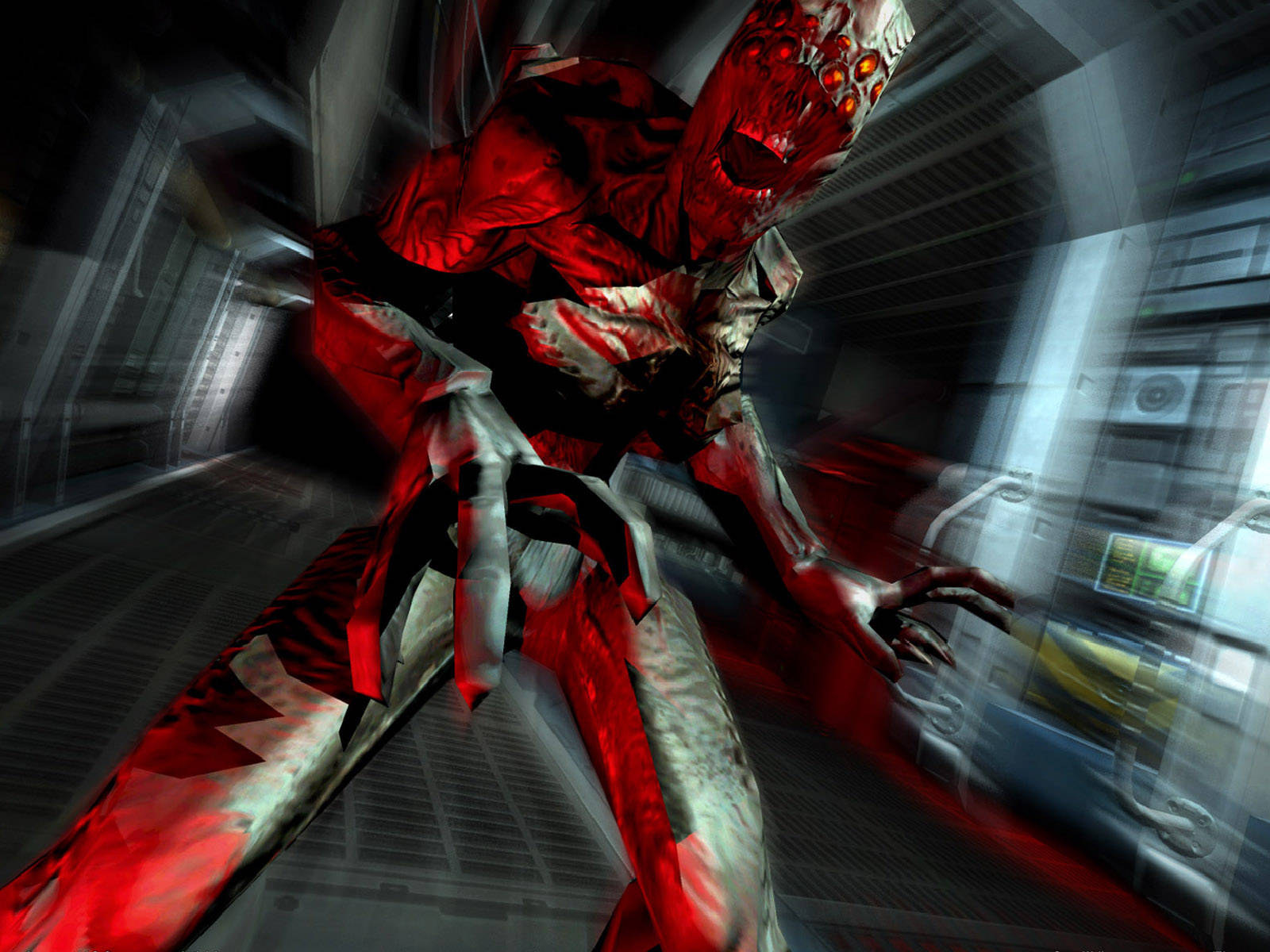 Doom 4K 桌布 壁紙 — 一個皮膚通紅、眼睛發光的怪誕怪物穿過模糊的未來主義走廊猛撲過來。