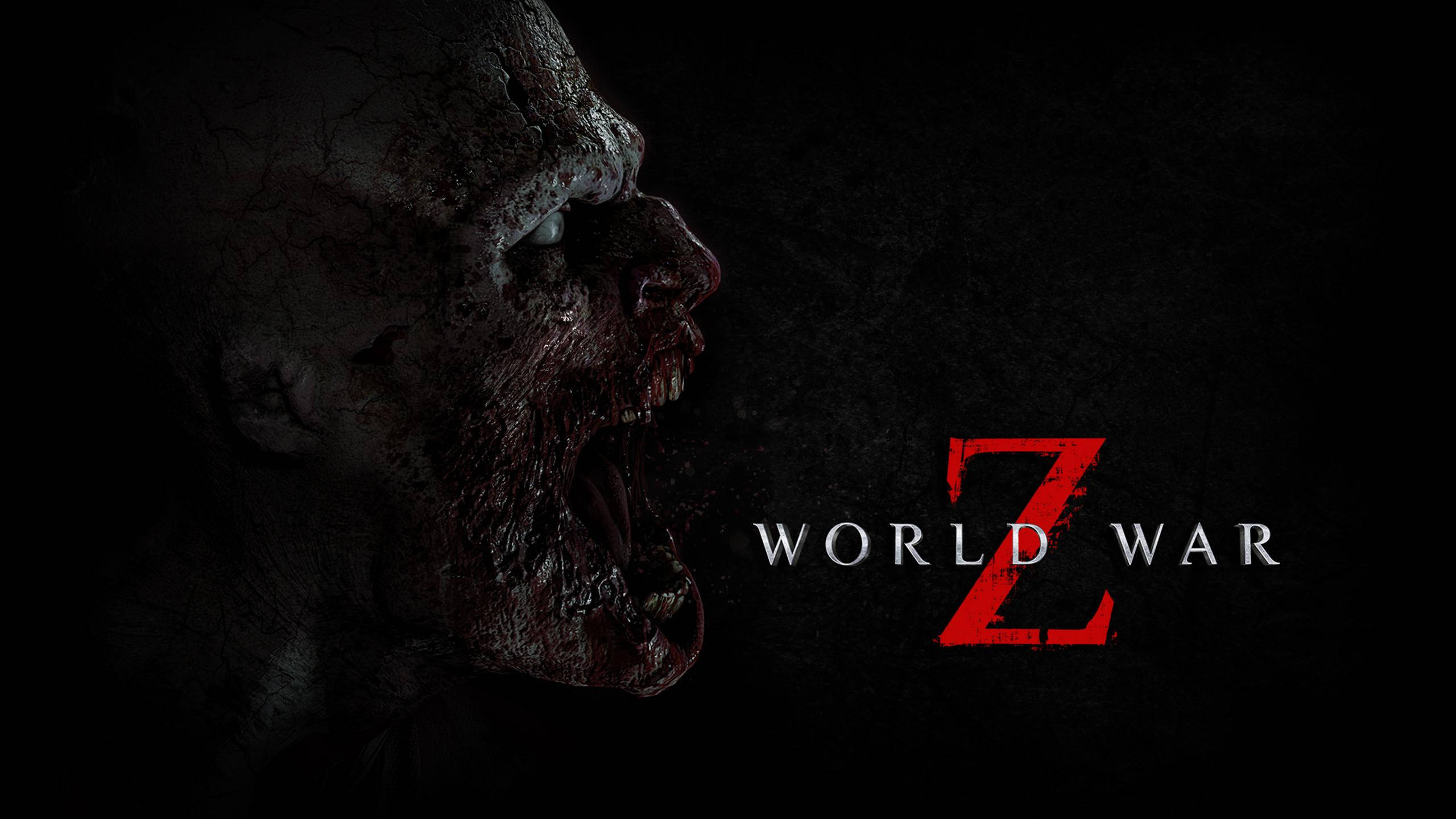 world war z 4K 桌布 壁紙 — 一個皮膚龜裂、露出牙齒的怪異殭屍在深色紋理背景上尖叫，背景上有紅色的「Z」和「WORLD WAR」文字。