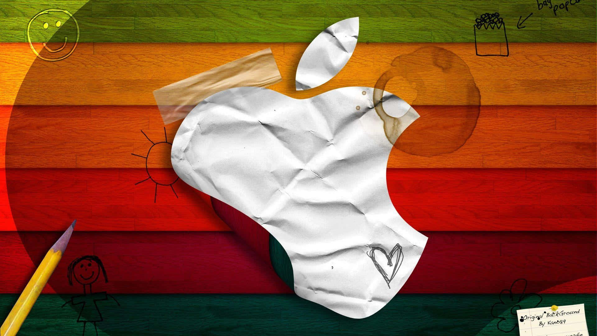 1920x1080 Apple 桌布 壁紙 — 一個皺巴巴的白色紙張Apple標誌，上面有塗鴉和污漬，放在彩虹木板上。