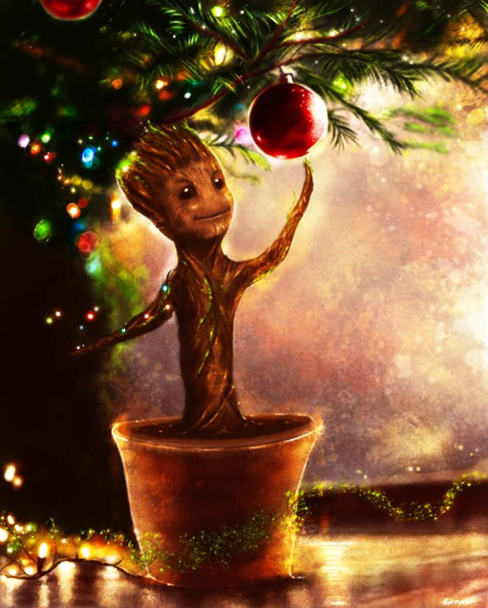 盆栽中的格魯特將紅色裝飾掛在點亮的聖誕樹上。 — 格魯特 GIF 壁紙