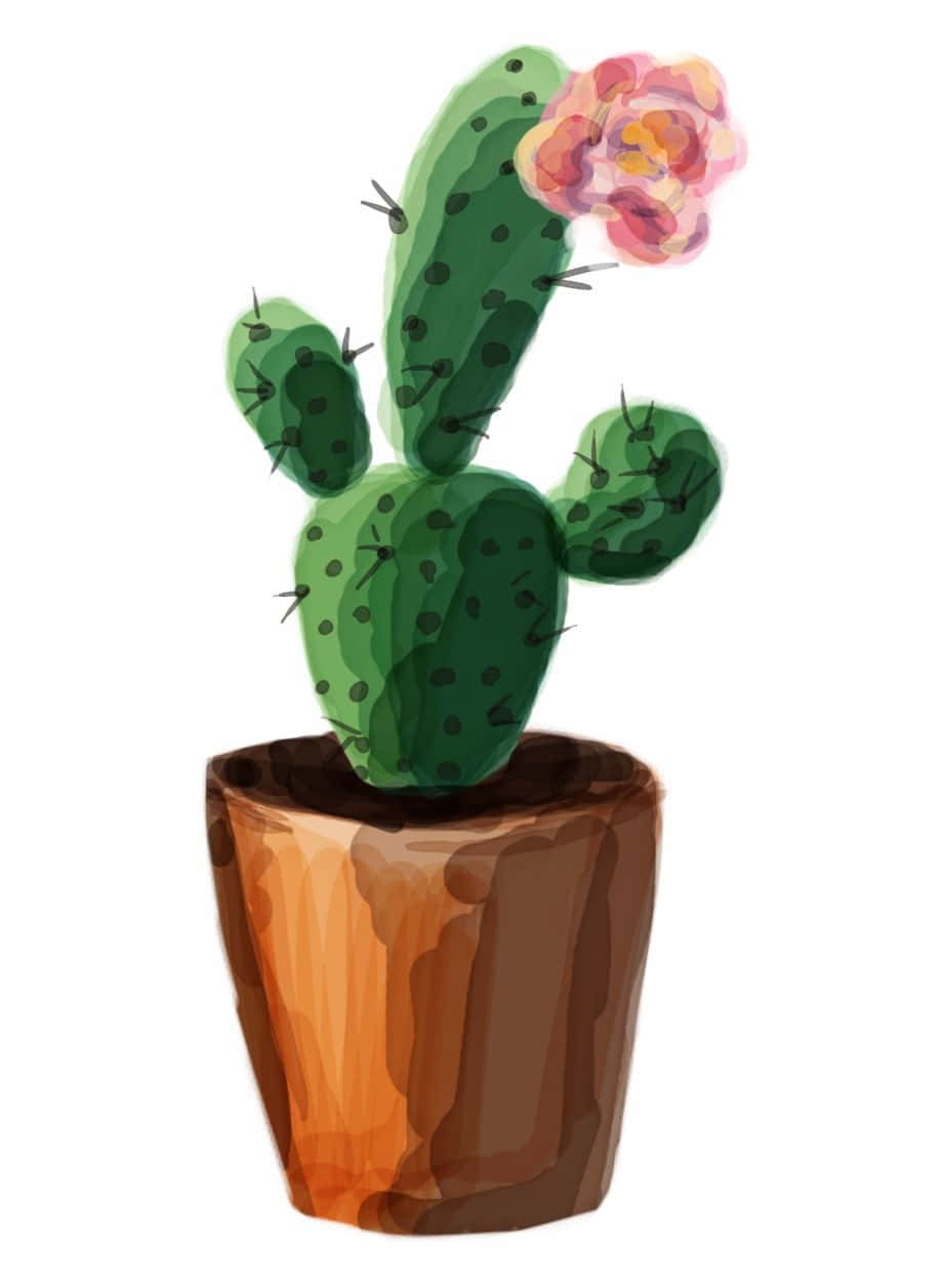 Cactus 桌布 壁紙 — 一個盆栽仙人掌的水彩插圖，綠色莖上盛開著一朵鮮豔的粉紅色花。