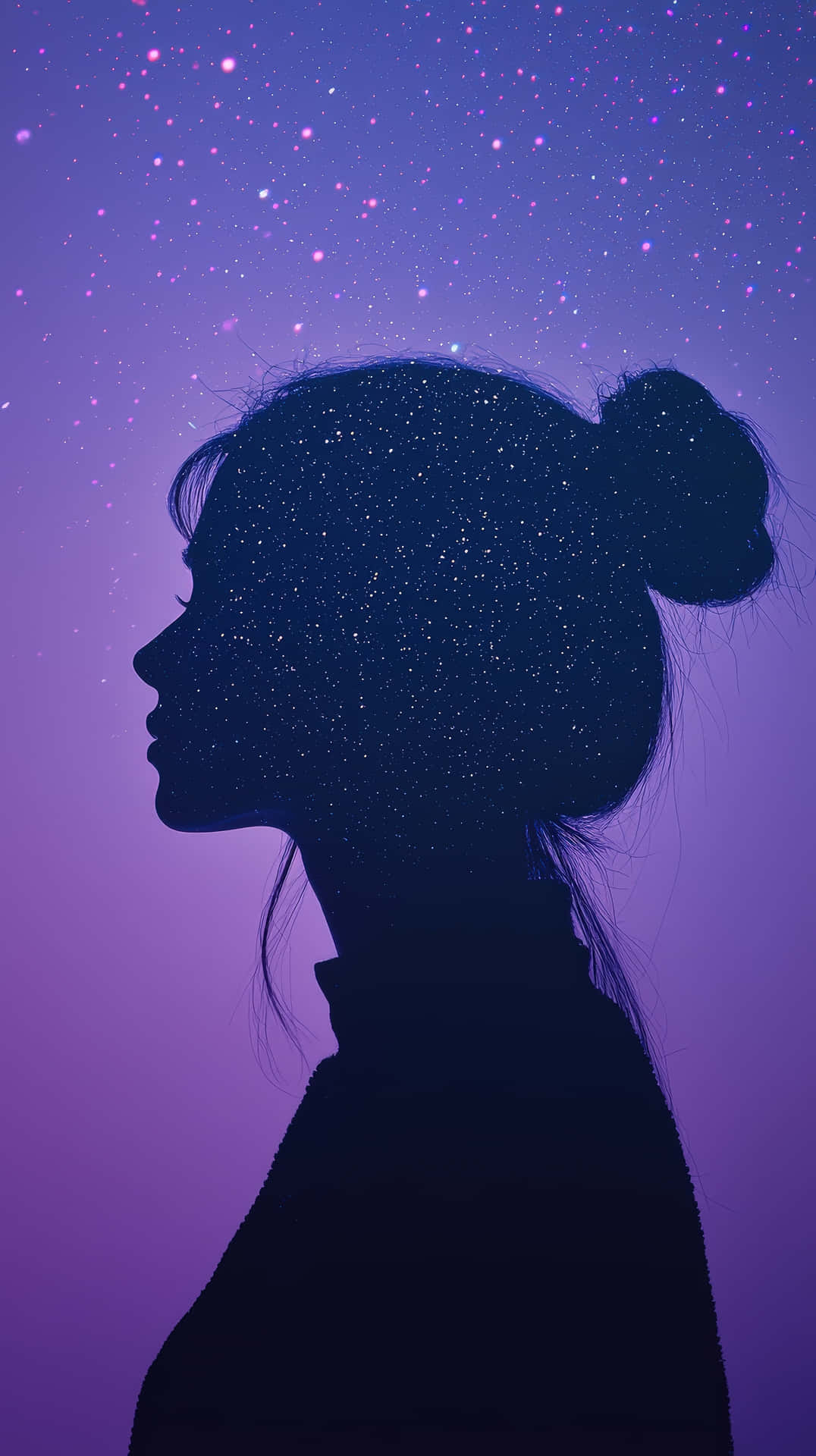 woman's silhouette filled with a starry night sky, blending seamlessly into the cosmic background 壁紙 — 一個盤髮的女性剪影，背景是佈滿星星的紫色天空，星星像銀河一樣填滿她的頭部。