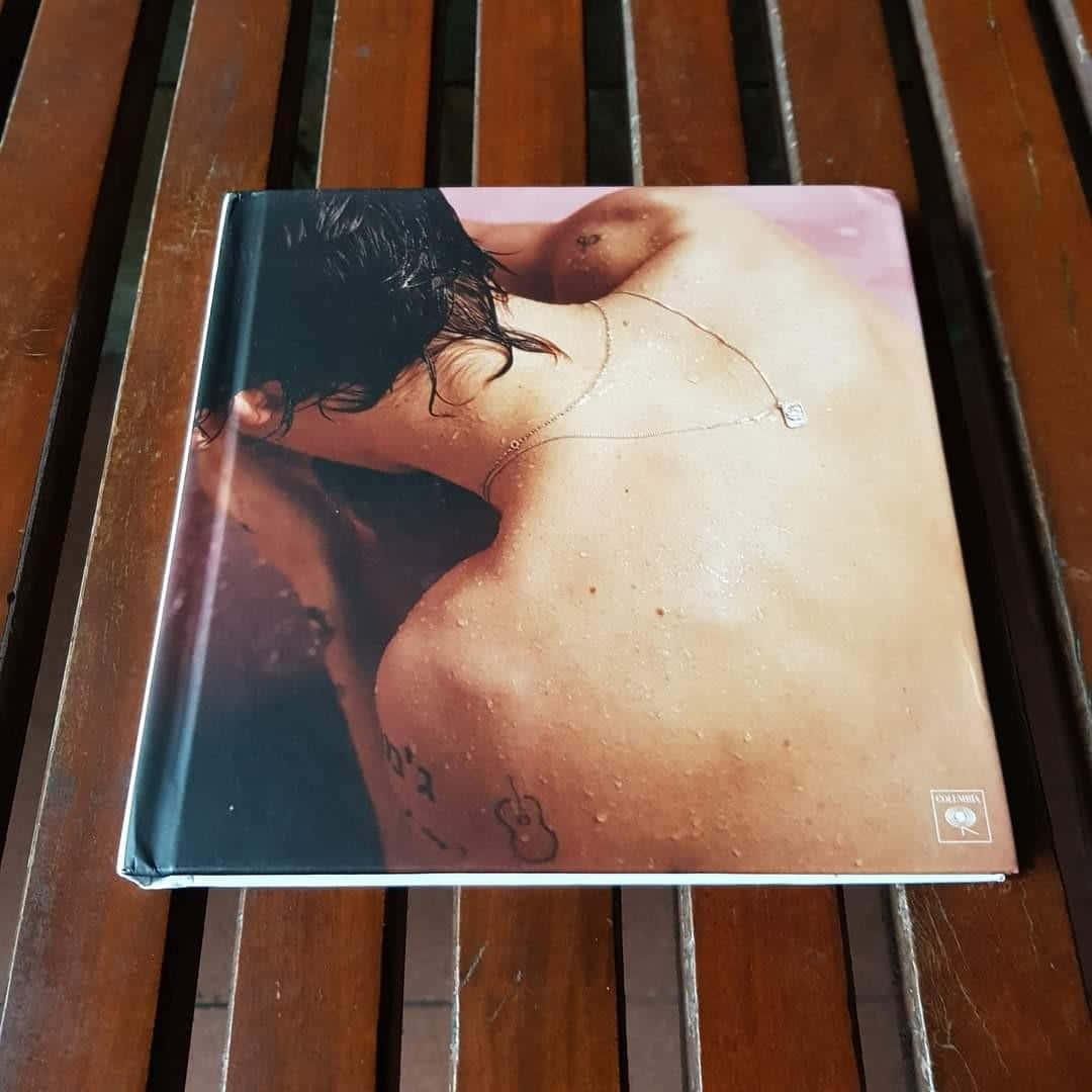 哈利·史泰爾斯 桌布 壁紙 — 一個相簿，上面有一個濕漉漉的裸背，紋有吉他和希伯來文，放在木條長凳上。
