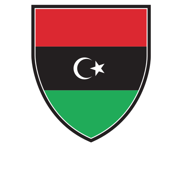 Libya 桌布 壁紙 — 一個盾牌徽章，展示利比亞國旗，有紅、黑、綠橫條，中央有白色新月和星星。