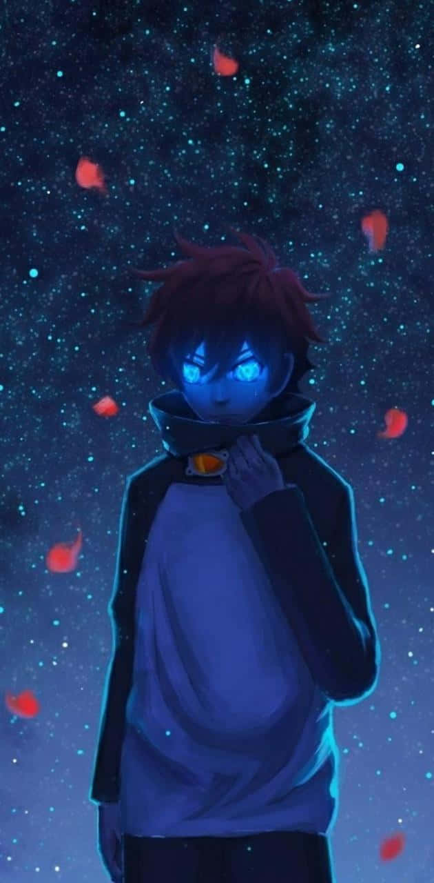 Cool Anime Blue 桌布 壁紙 — 一個眼睛發光的動漫男孩穿著連帽衫，站在繁星點點的夜空下，周圍漂浮著紅色花瓣。