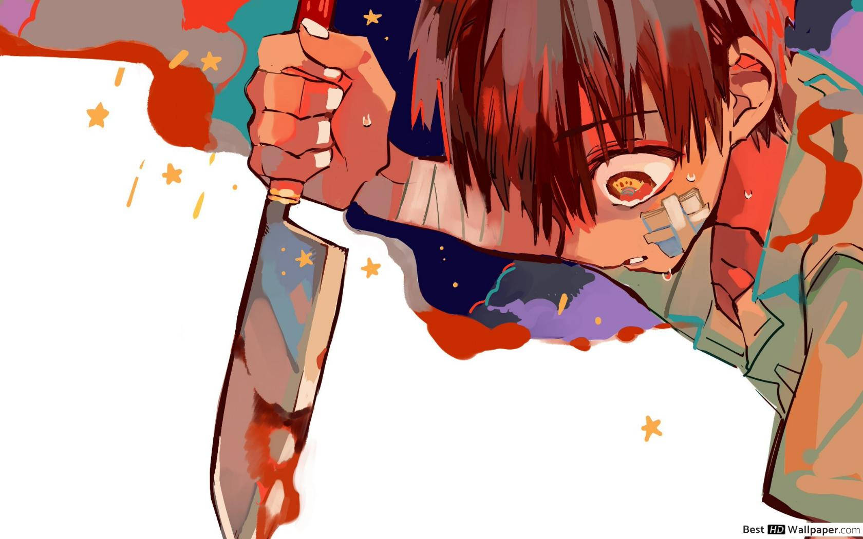 hanako 桌布 壁紙 — 一個眼睛纏著繃帶的動漫角色，在充滿星星和飛濺色彩的鮮豔抽象背景中，握著一把沾血的切肉刀。