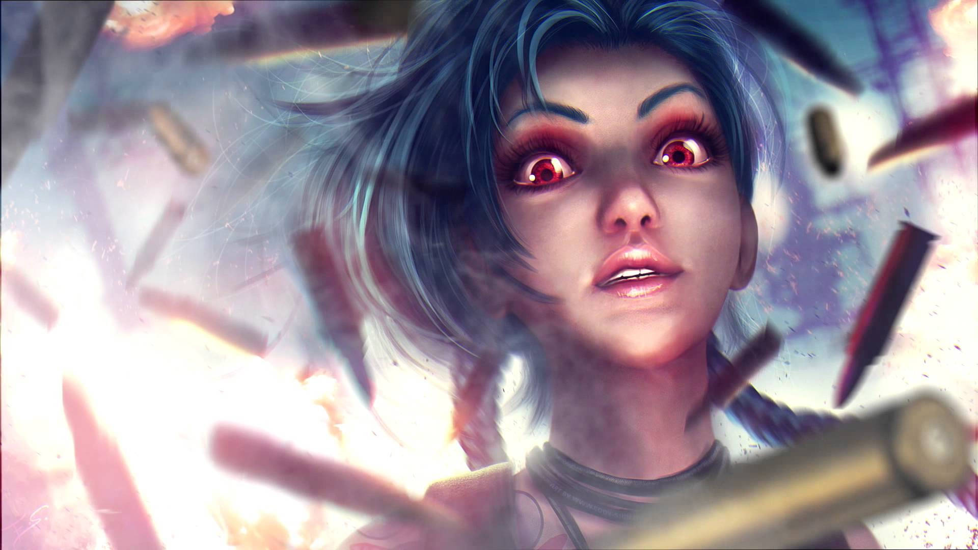 Jinx 桌布 壁紙 — 一個眼神兇狠的動漫女孩，擁有發光的紅色眼睛和藍色頭髮，在子彈飛舞的動態爆炸中凝視著。