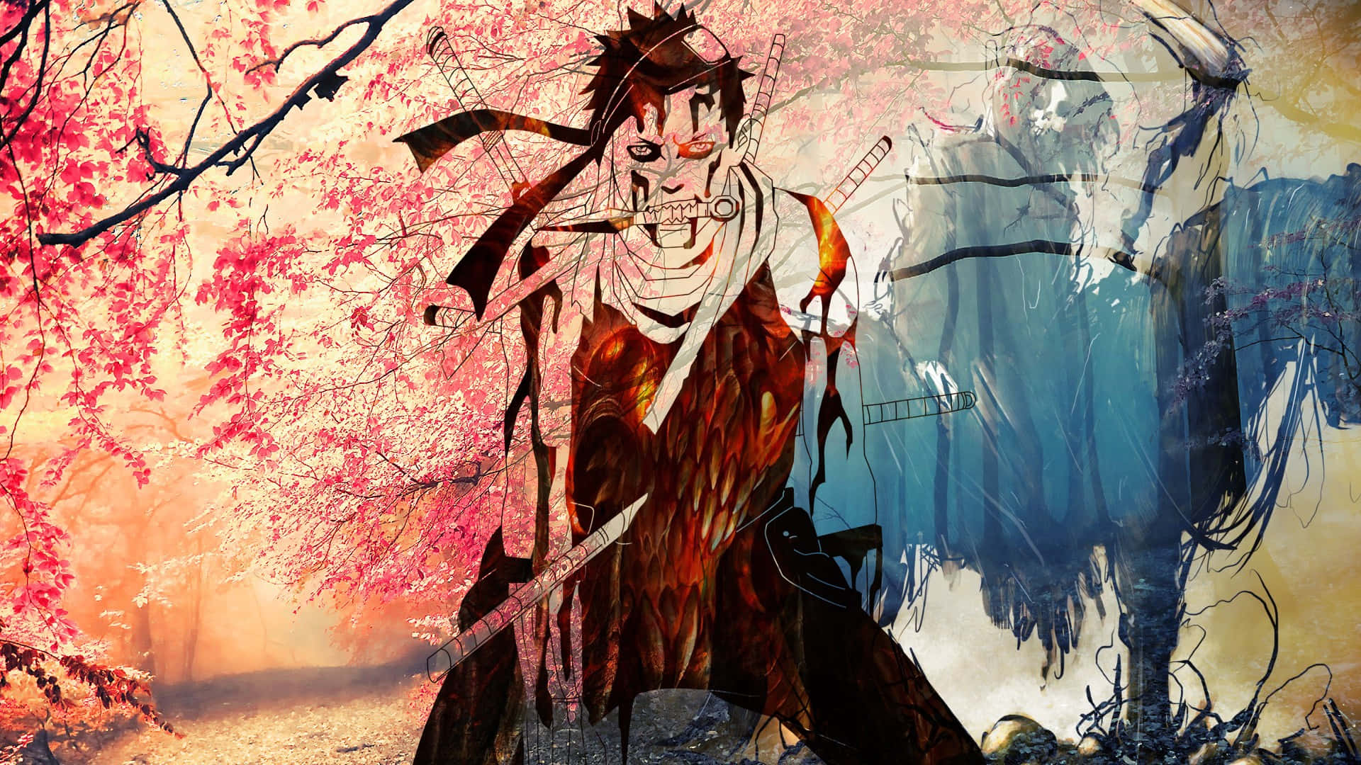 Zabusa Momochi 桌布 壁紙 — 一個眼神兇猛、手持雙劍的動漫戰士，站在盛開的櫻花下，面對一個鬼魅般的藍色身影。