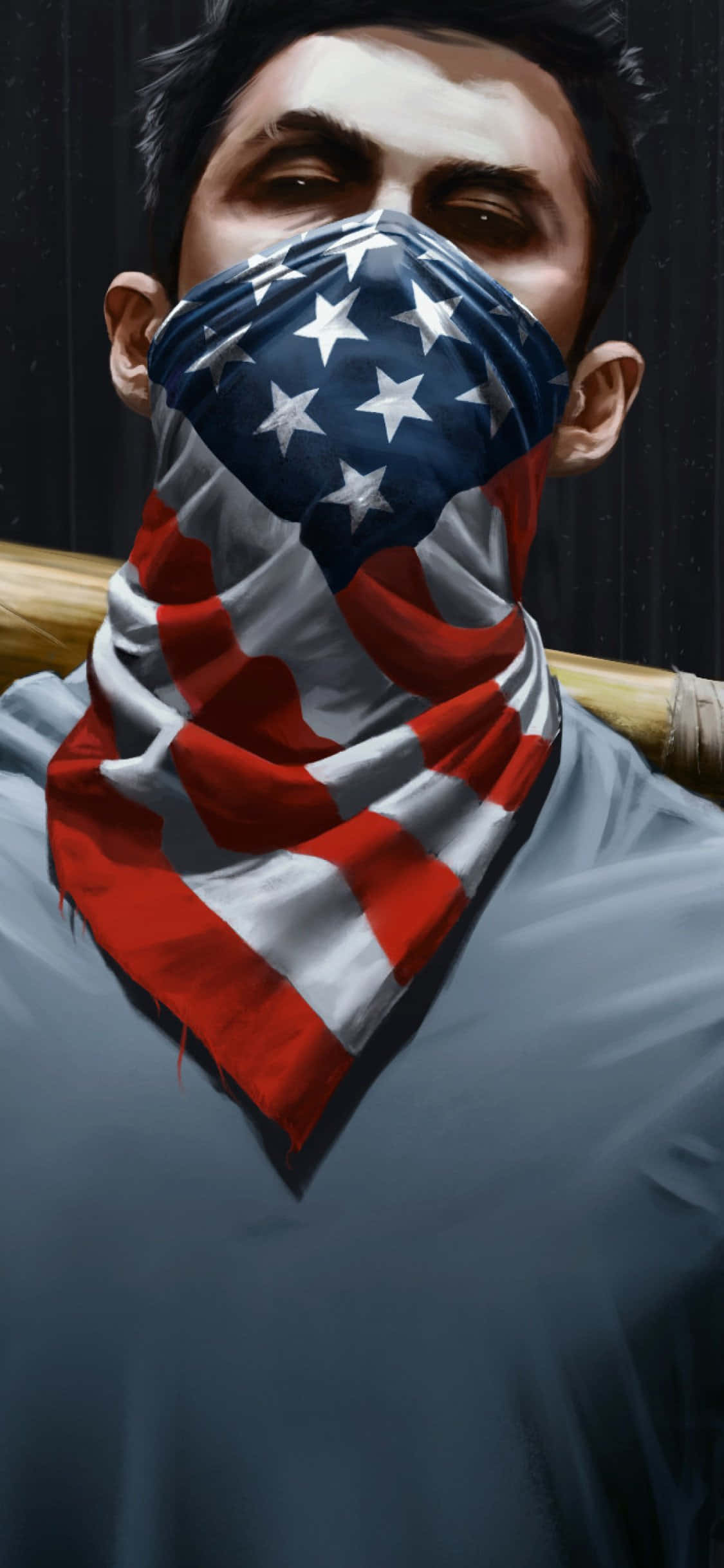American 桌布 壁紙 — 一個眼神嚴肅的男人，用美國國旗頭巾遮住口鼻，肩上扛著一支棒球棍。