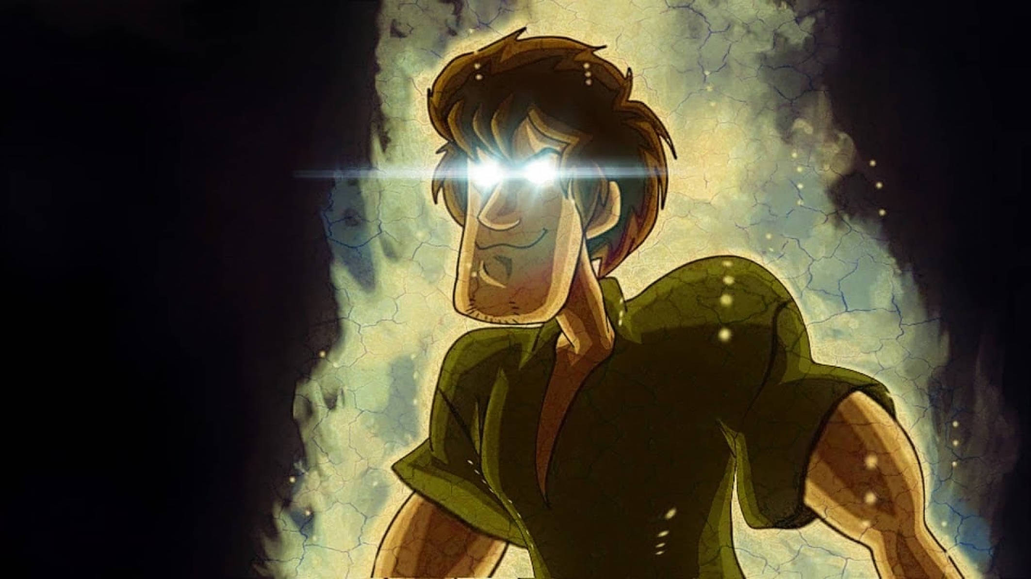 Shaggy 桌布 壁紙 — 一個眼神堅定的動漫角色，雙眼發光，站在一個裂開且發光的洞穴中，散發出強烈的能量。