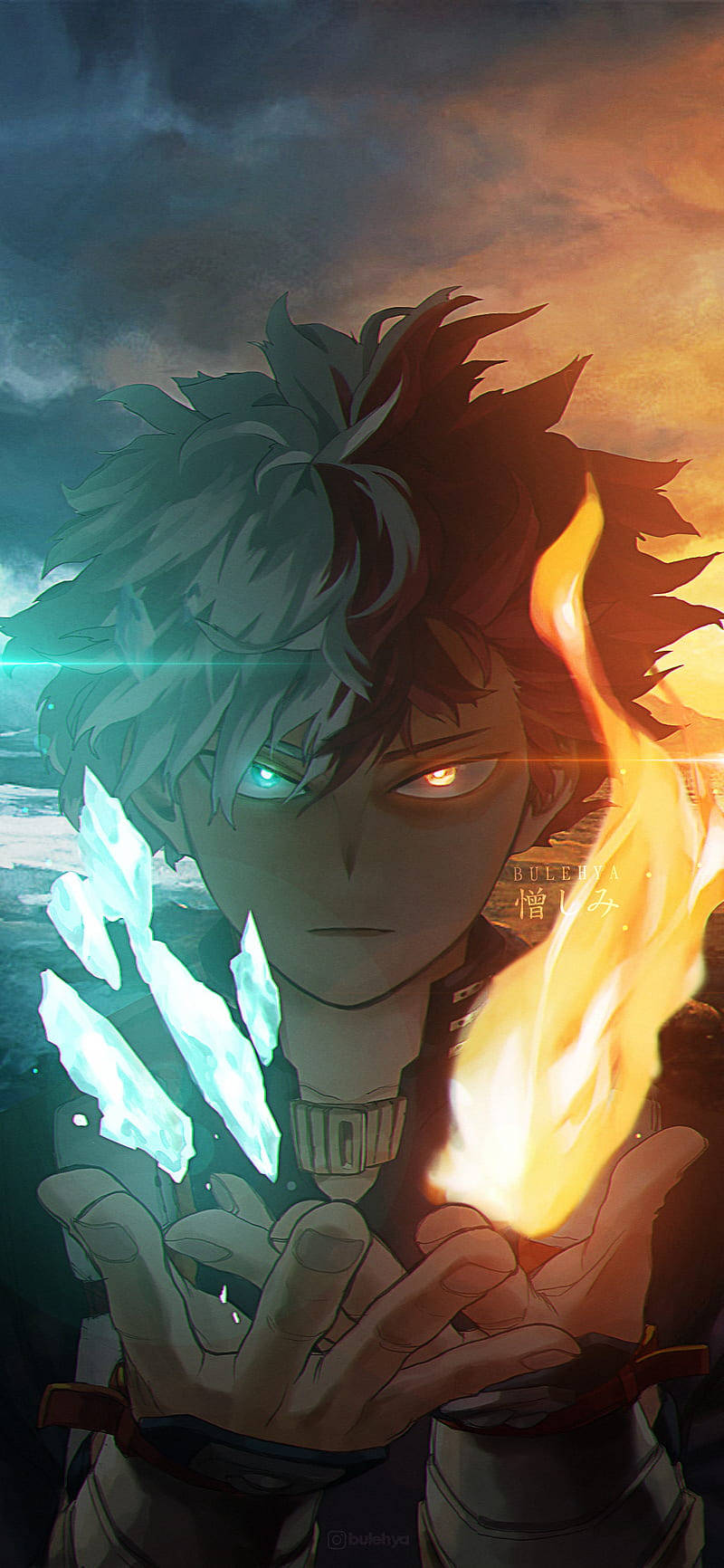 Deku X Todoroki X Bakugou 桌布 壁紙 — 一個眼神堅定的動畫男孩，雙眼發光，雙手操控冰與火，背景是戲劇性的暮色天空。