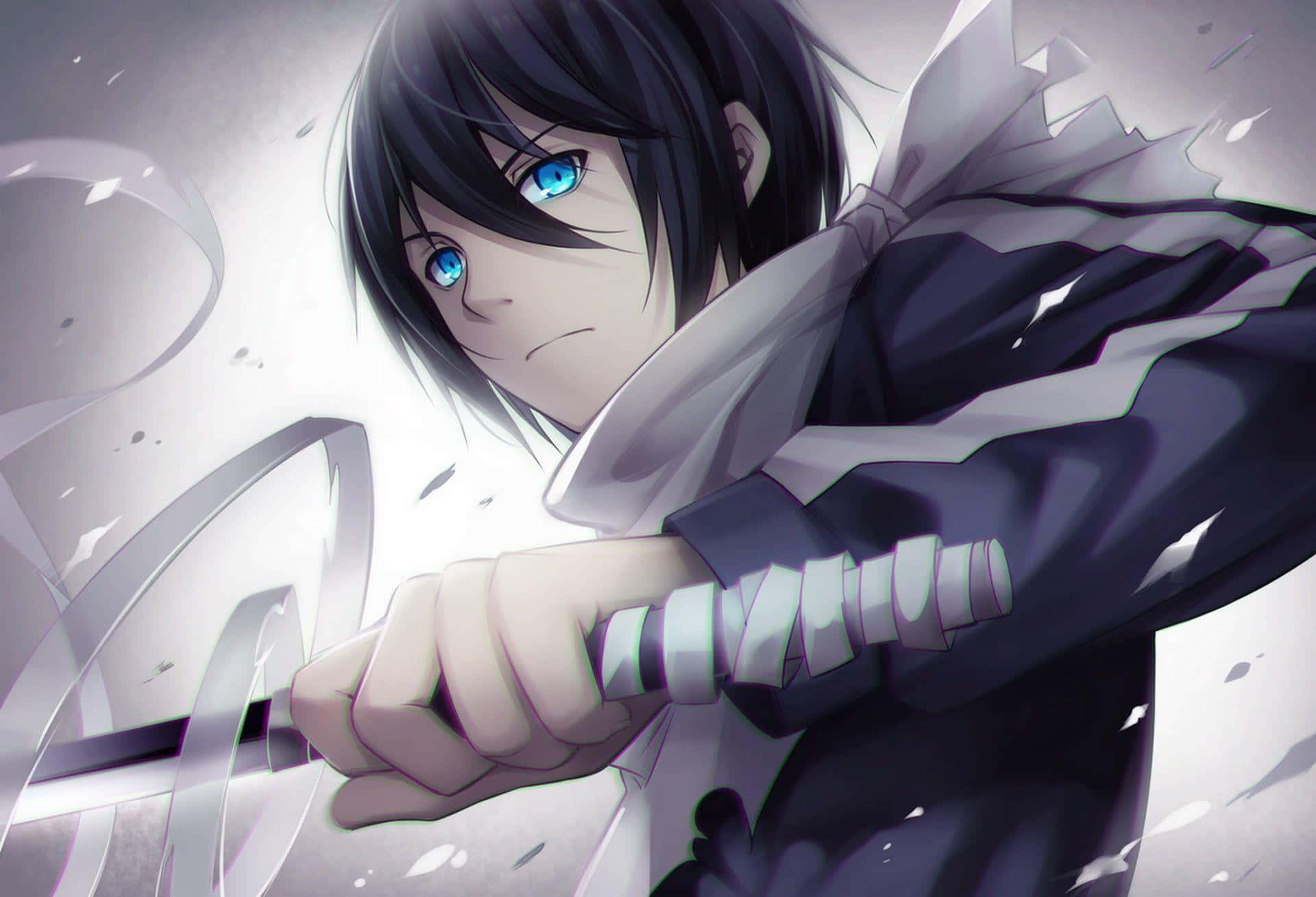 blue eyes 桌布 壁紙 — 一個眼神堅定的藍眼動漫男孩，在旋轉的銀色能量和破碎的碎片中緊握著一把劍。