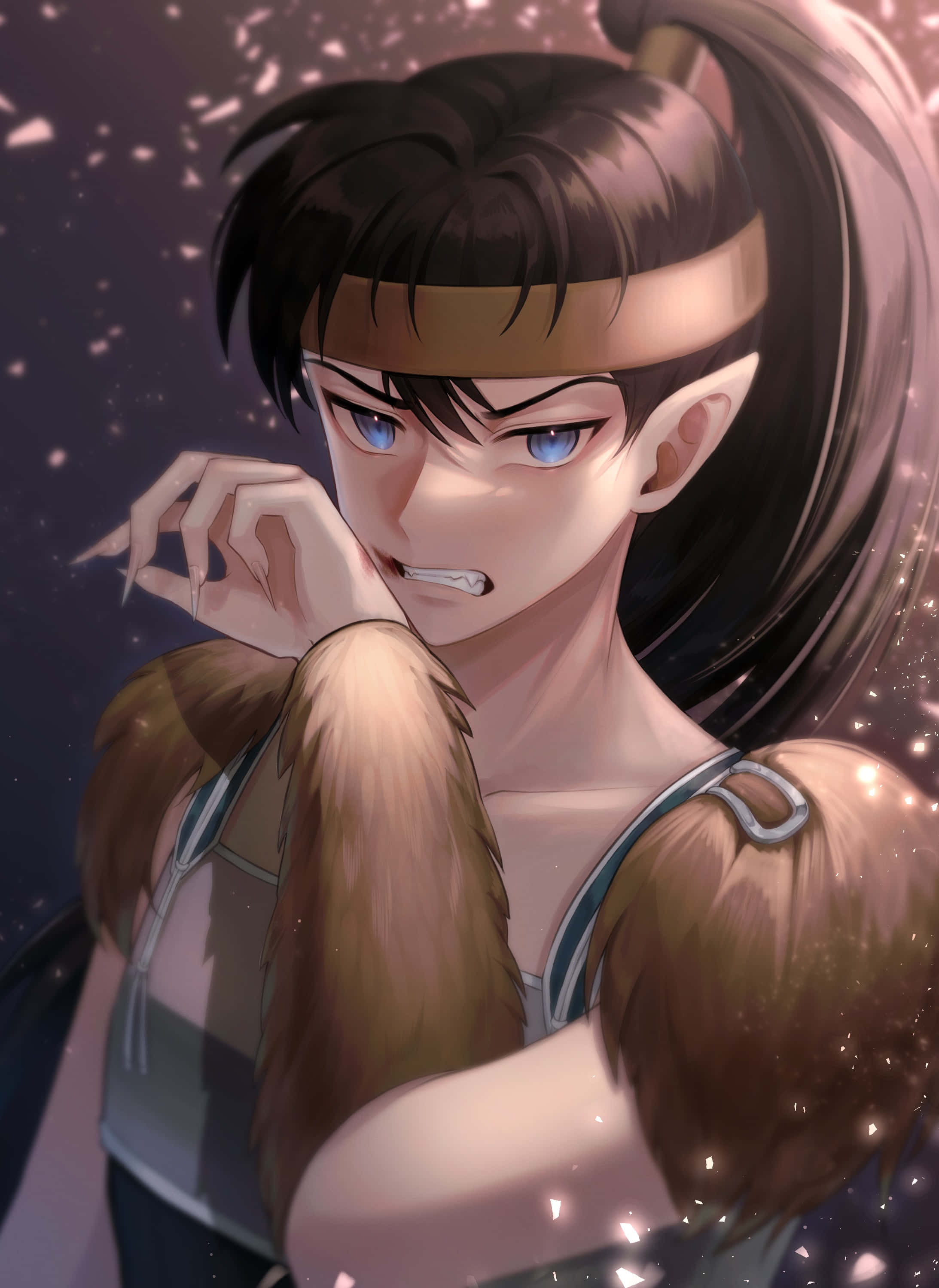 Inuyasha Koga 桌布 壁紙 — 一個眼神堅定的藍眼黑髮動漫女孩，在閃爍的宇宙背景下抽煙。
